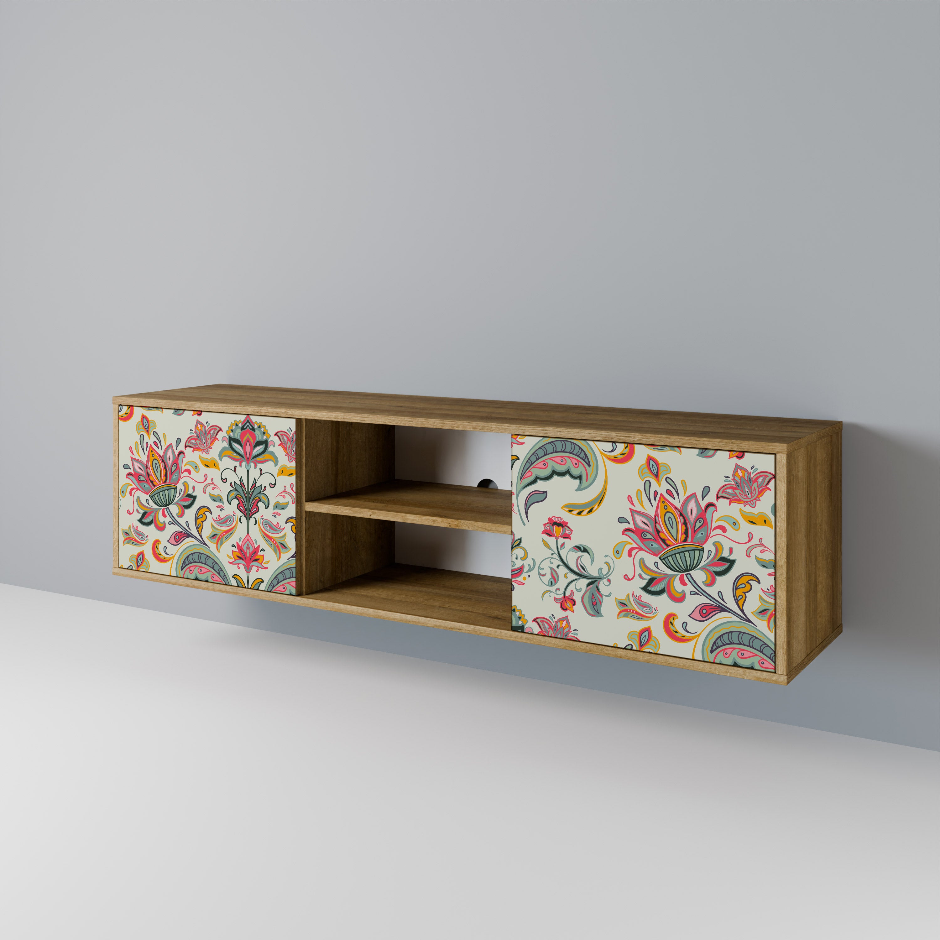 Mueble de TV de 2 puertas ORGANIC FOLKLORE con efecto roble