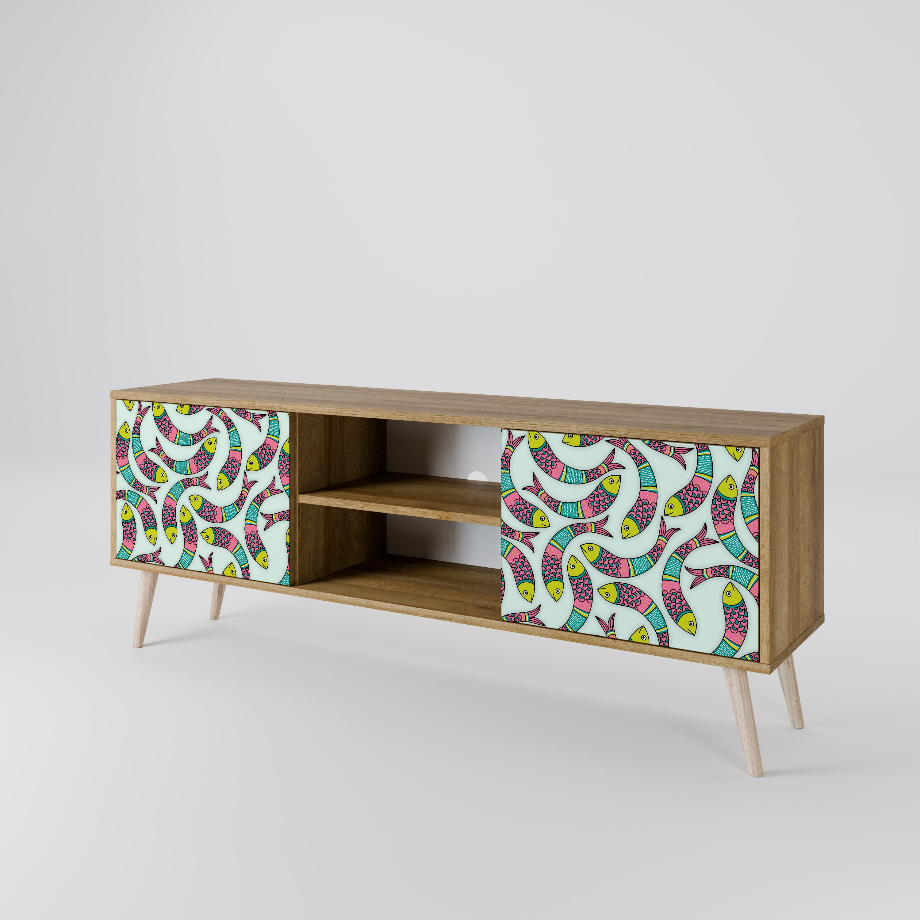 Mueble de TV de 2 puertas INDIAN FISH con efecto roble