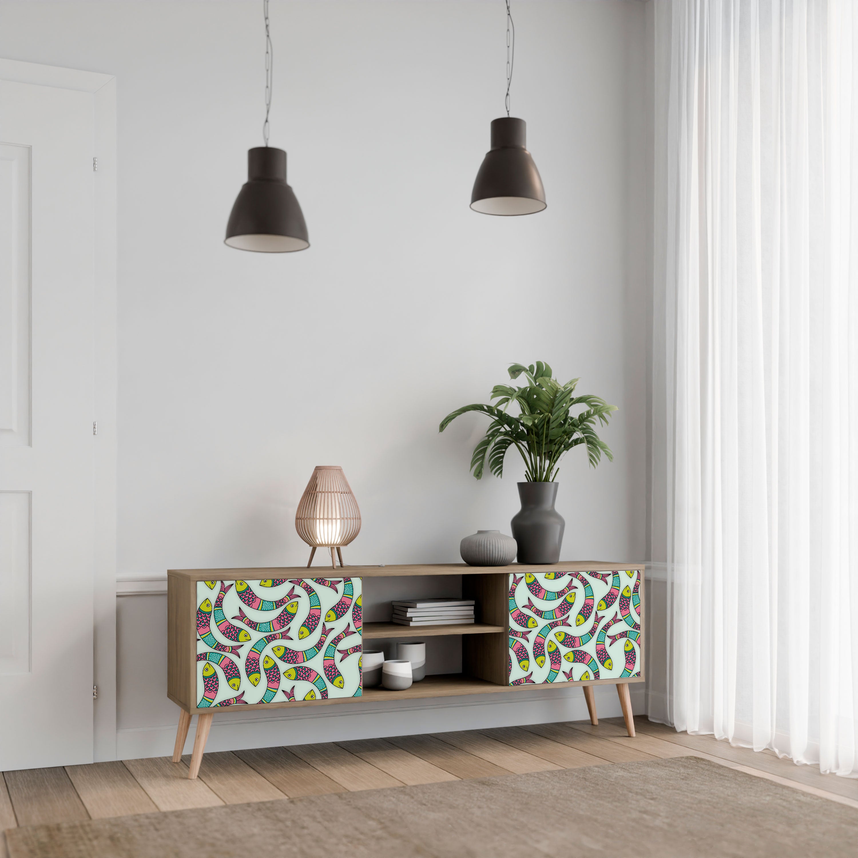 Mueble de TV de 2 puertas INDIAN FISH con efecto roble