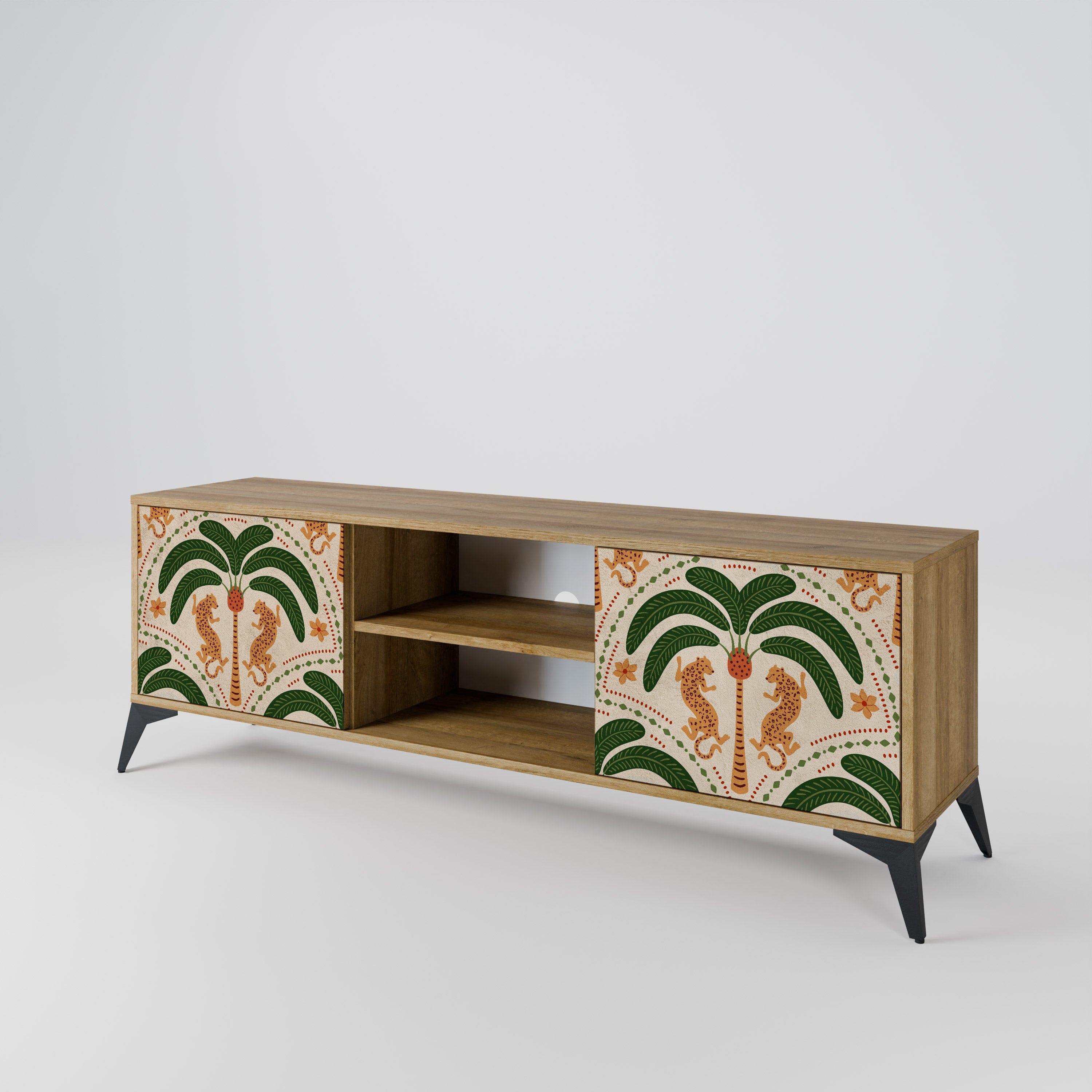 Mueble de TV de 2 puertas DANCING PREDATORS con efecto roble