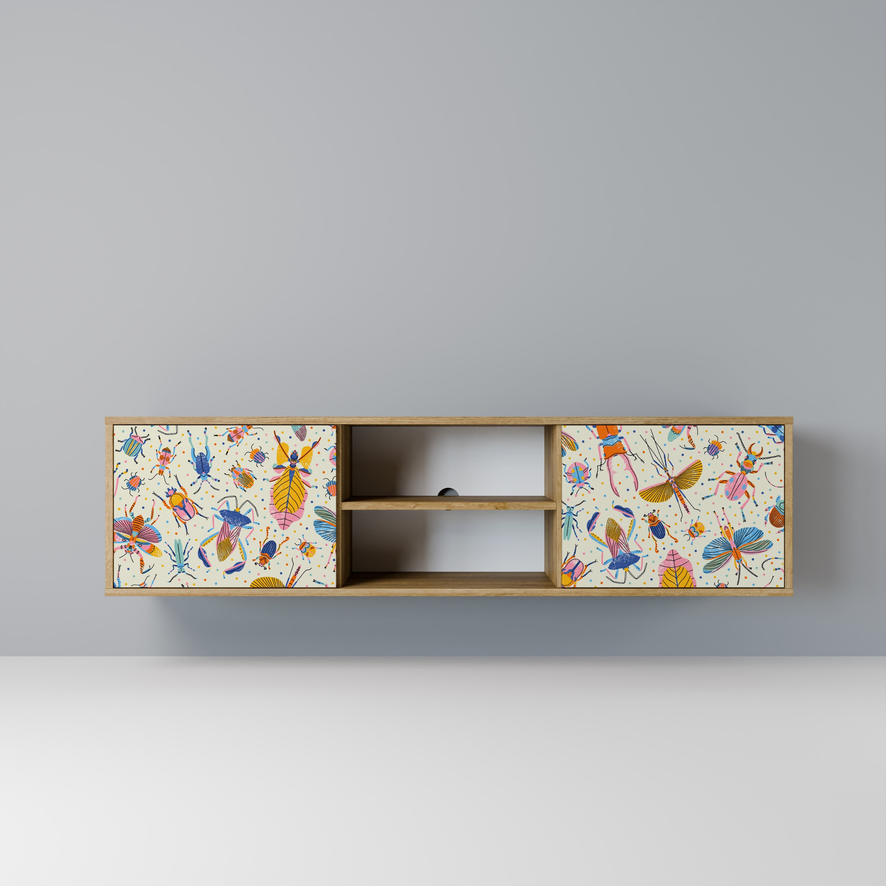 Mueble de TV de 2 puertas COLORFUL INSECTS en efecto roble