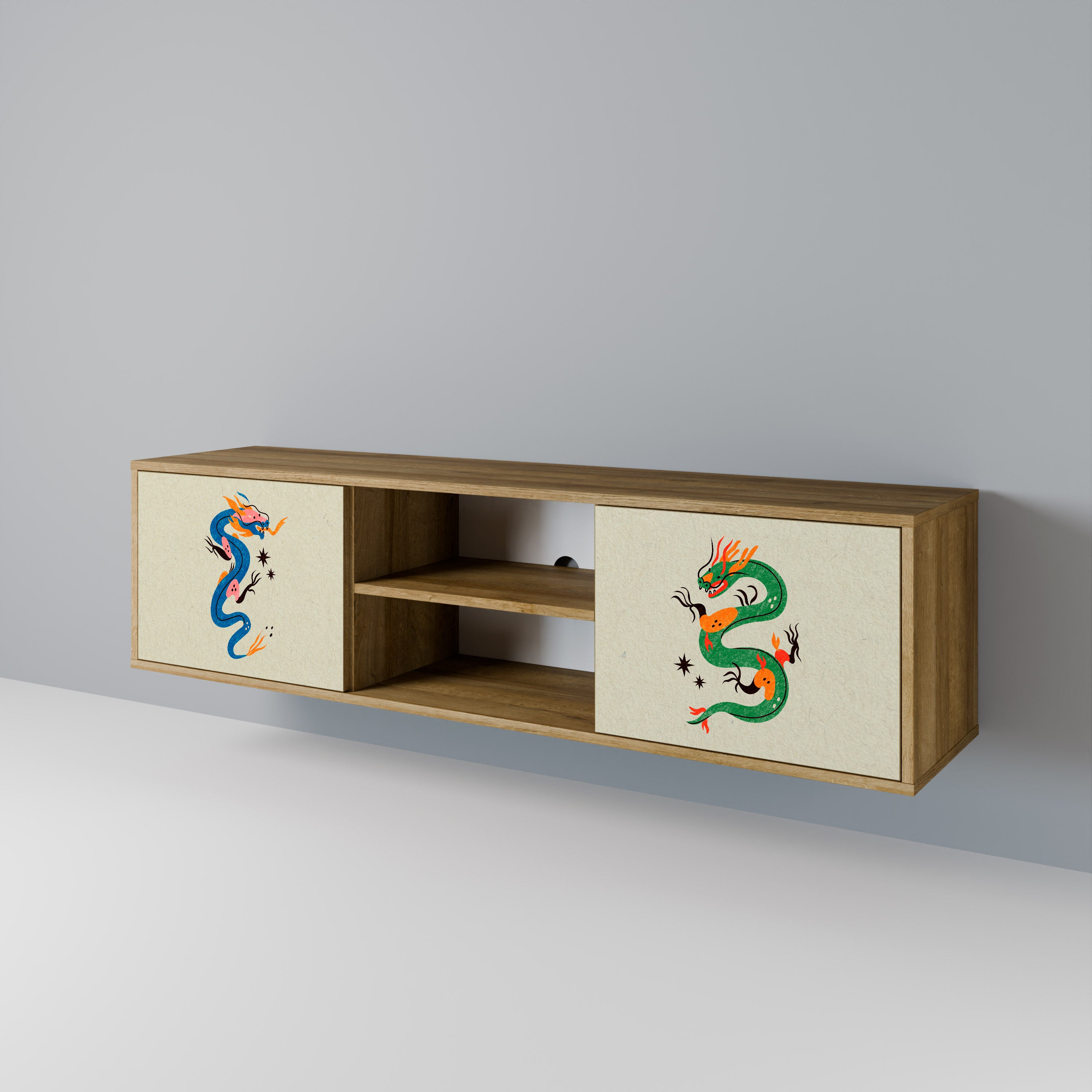 Mueble de TV de 2 puertas con efecto roble CRIATURAS MITOLÓGICAS