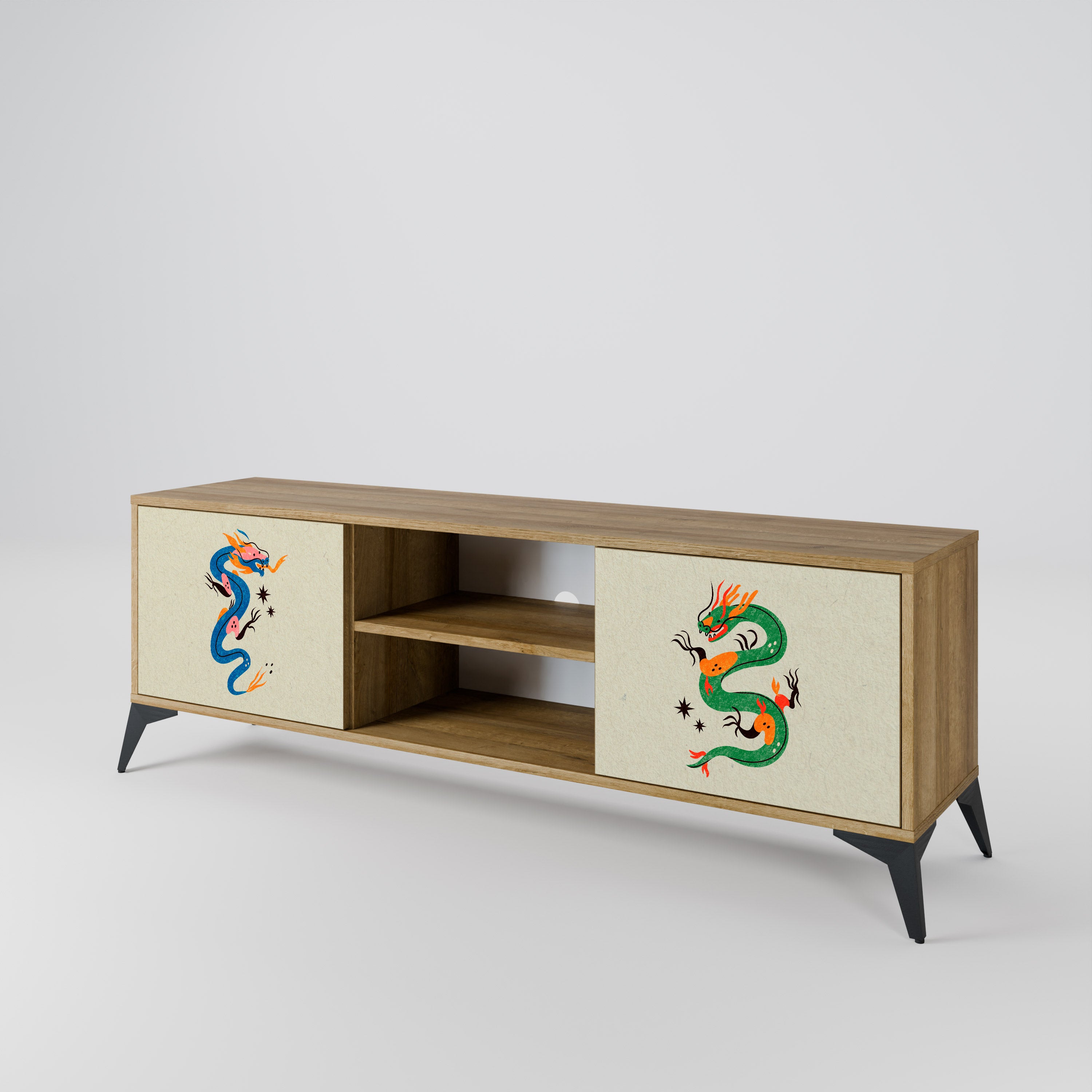 Mueble de TV de 2 puertas con efecto roble CRIATURAS MITOLÓGICAS