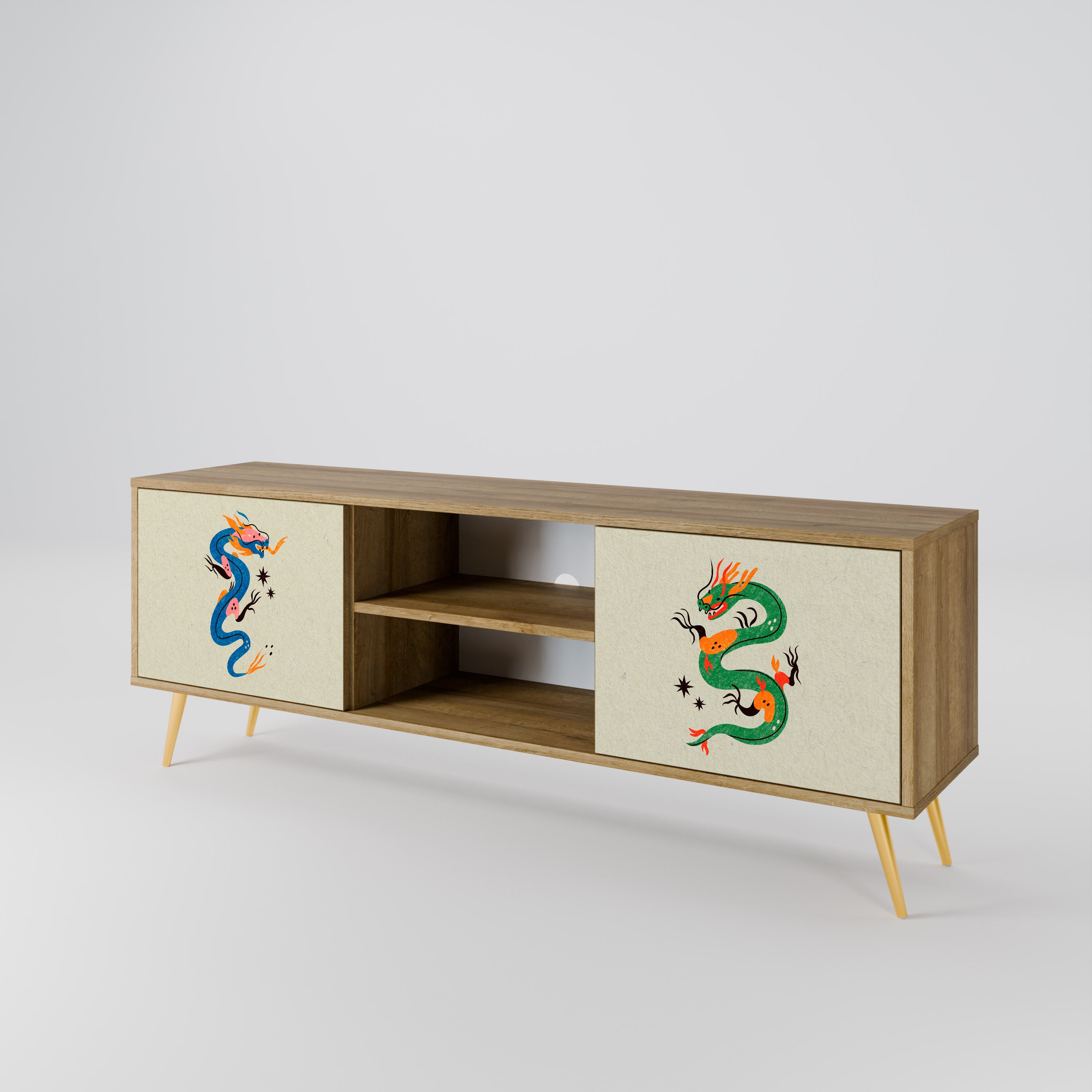 Mueble de TV de 2 puertas con efecto roble CRIATURAS MITOLÓGICAS