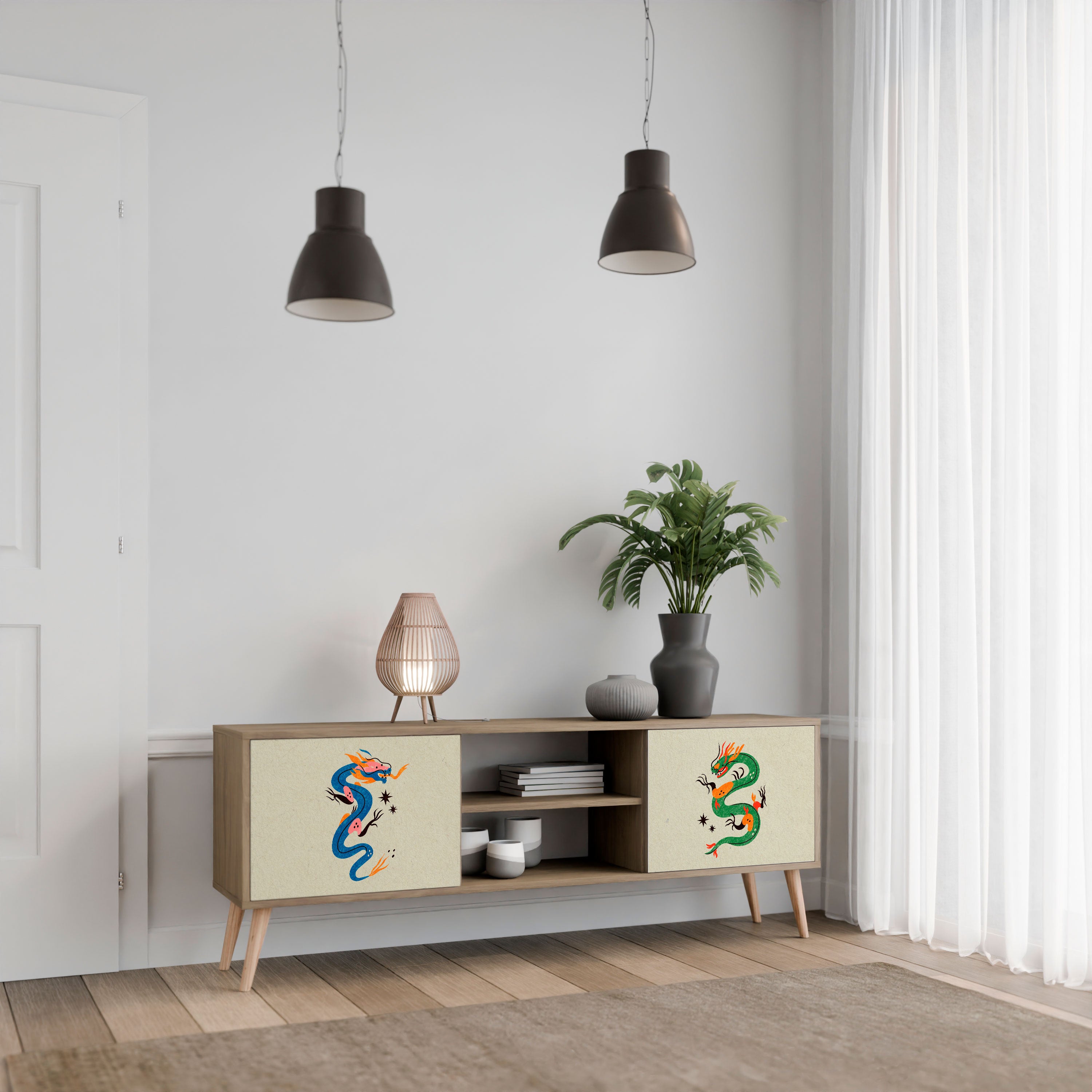 Mueble de TV de 2 puertas con efecto roble CRIATURAS MITOLÓGICAS