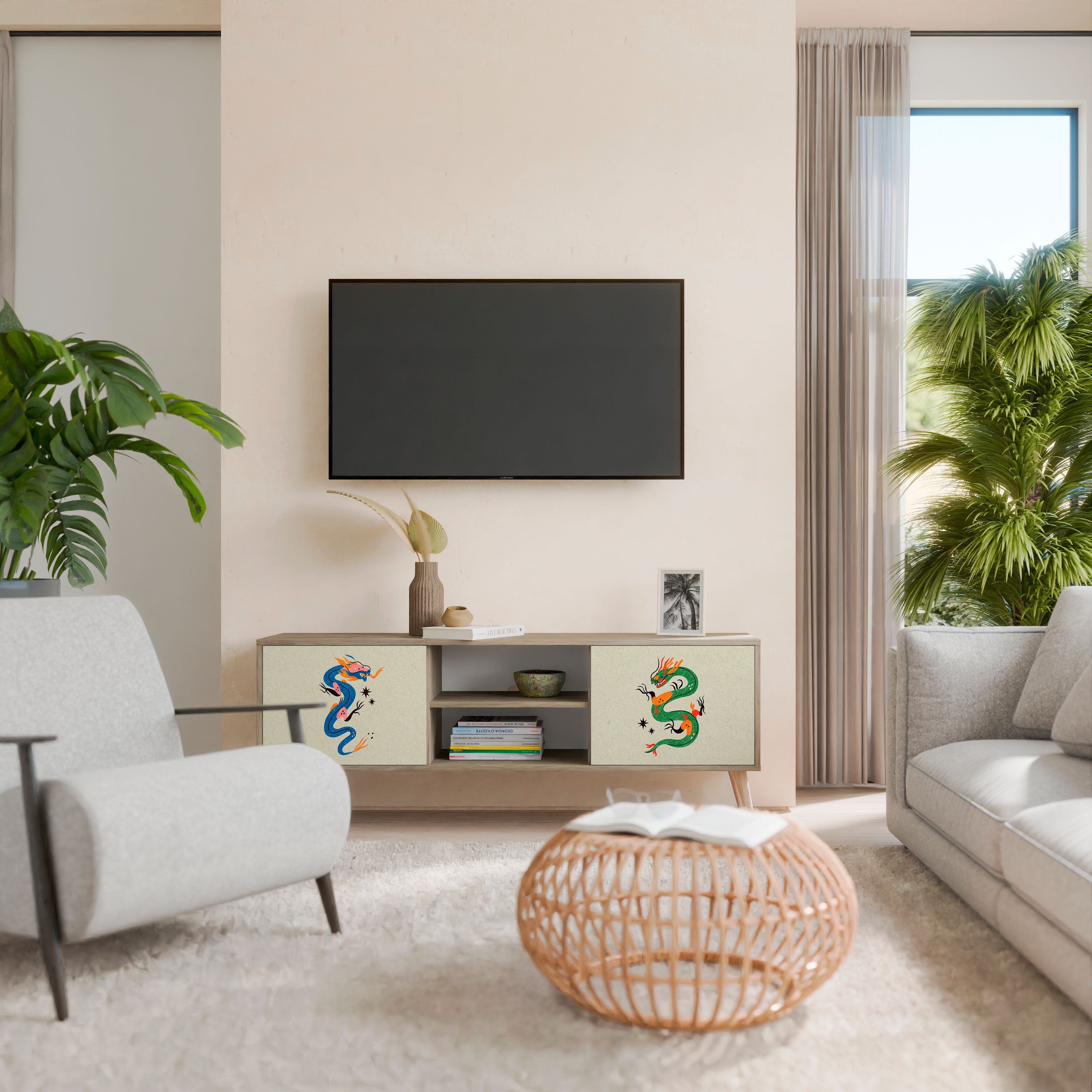 Mueble de TV de 2 puertas con efecto roble CRIATURAS MITOLÓGICAS