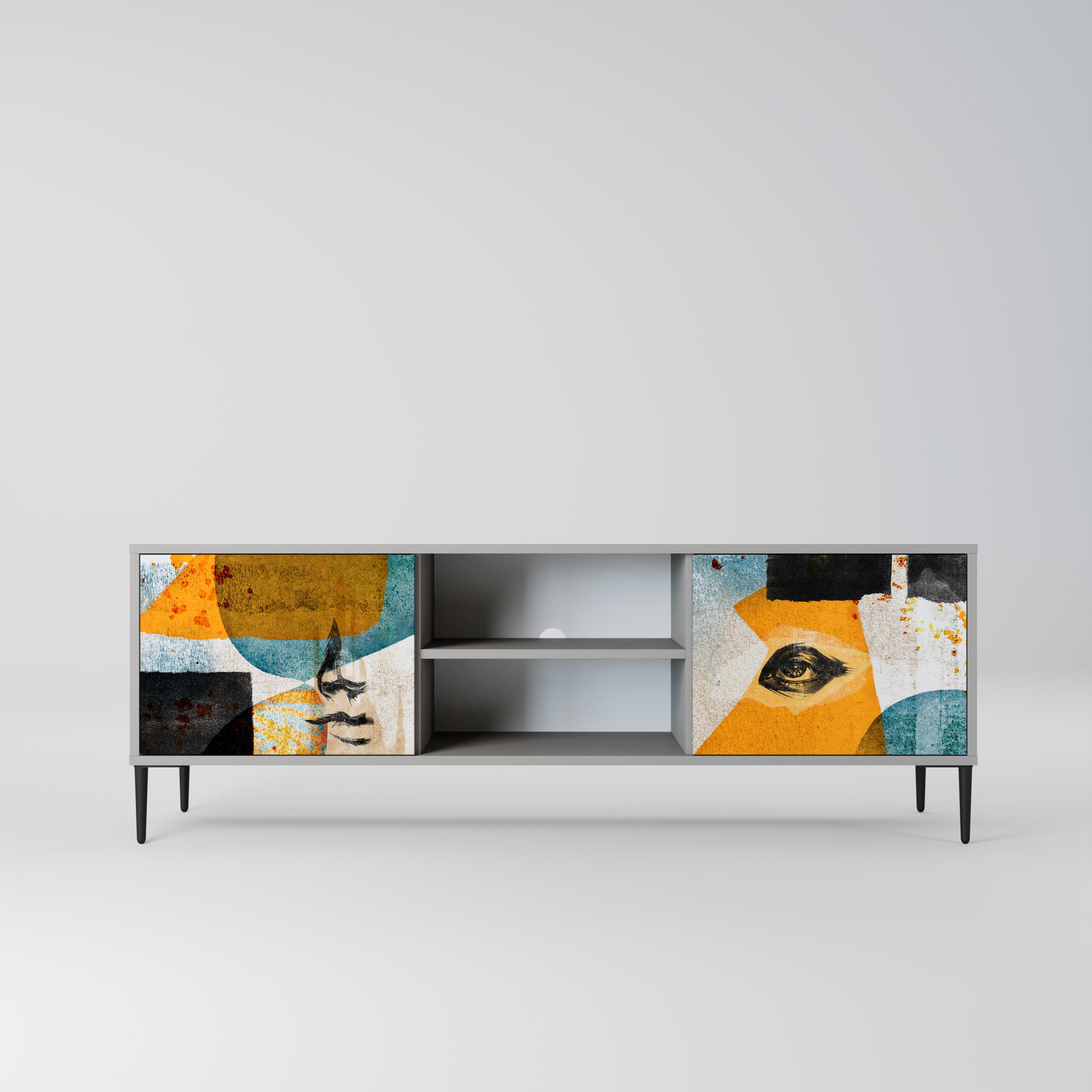 ABSTRACT FACES 2-Door TV Stand in Grey Finish