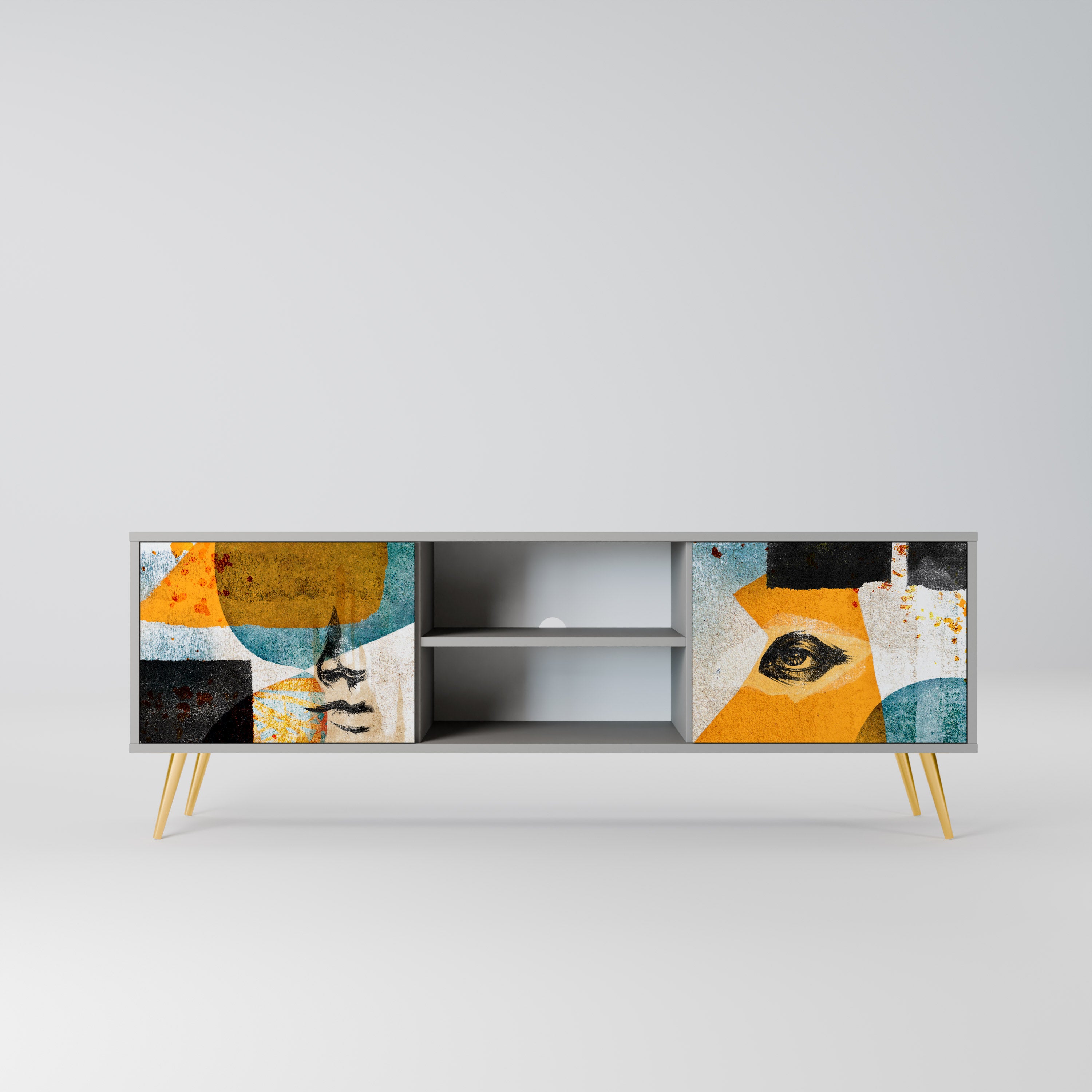 ABSTRACT FACES 2-Door TV Stand in Grey Finish