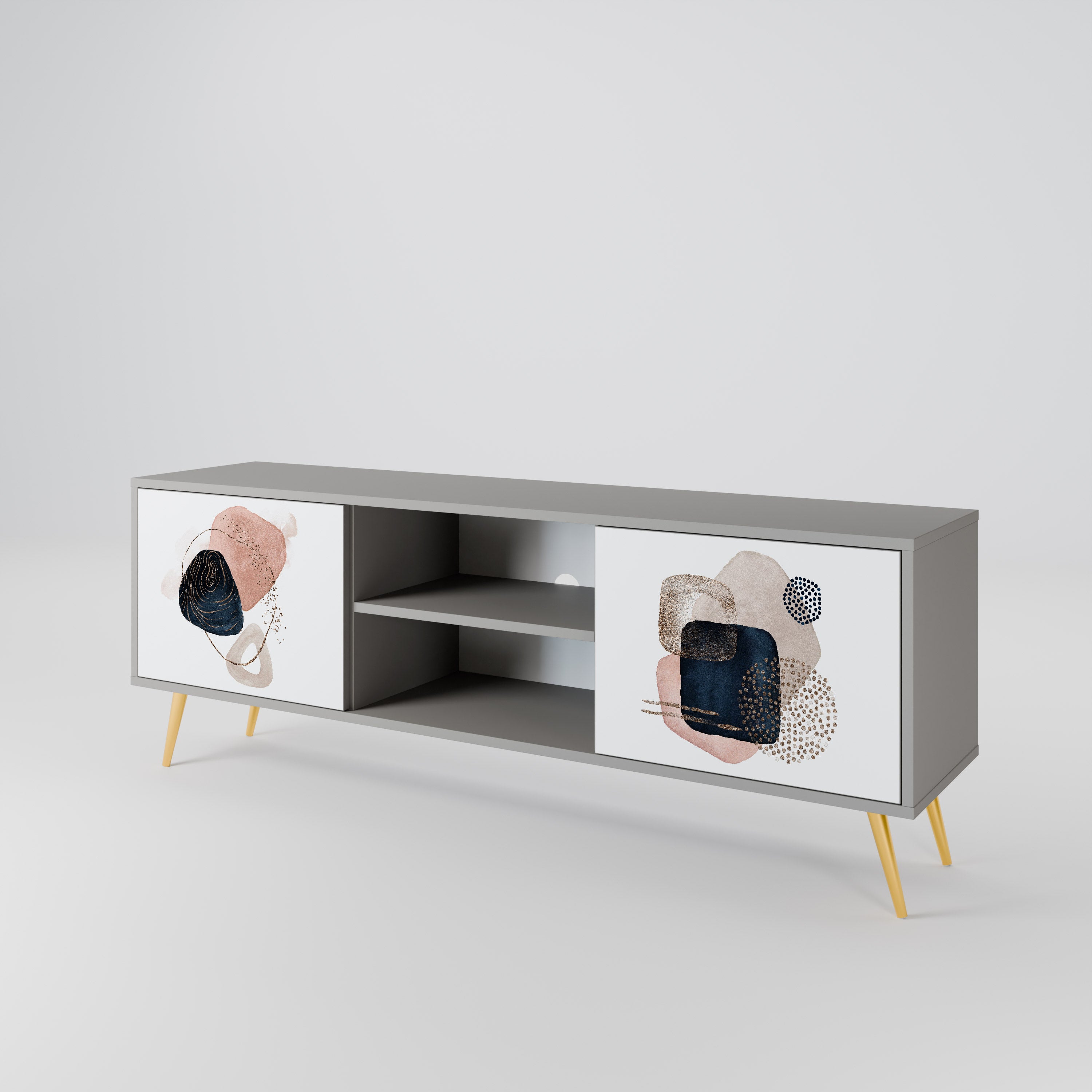 Mueble de TV de 2 puertas con formas coloridas en acabado gris