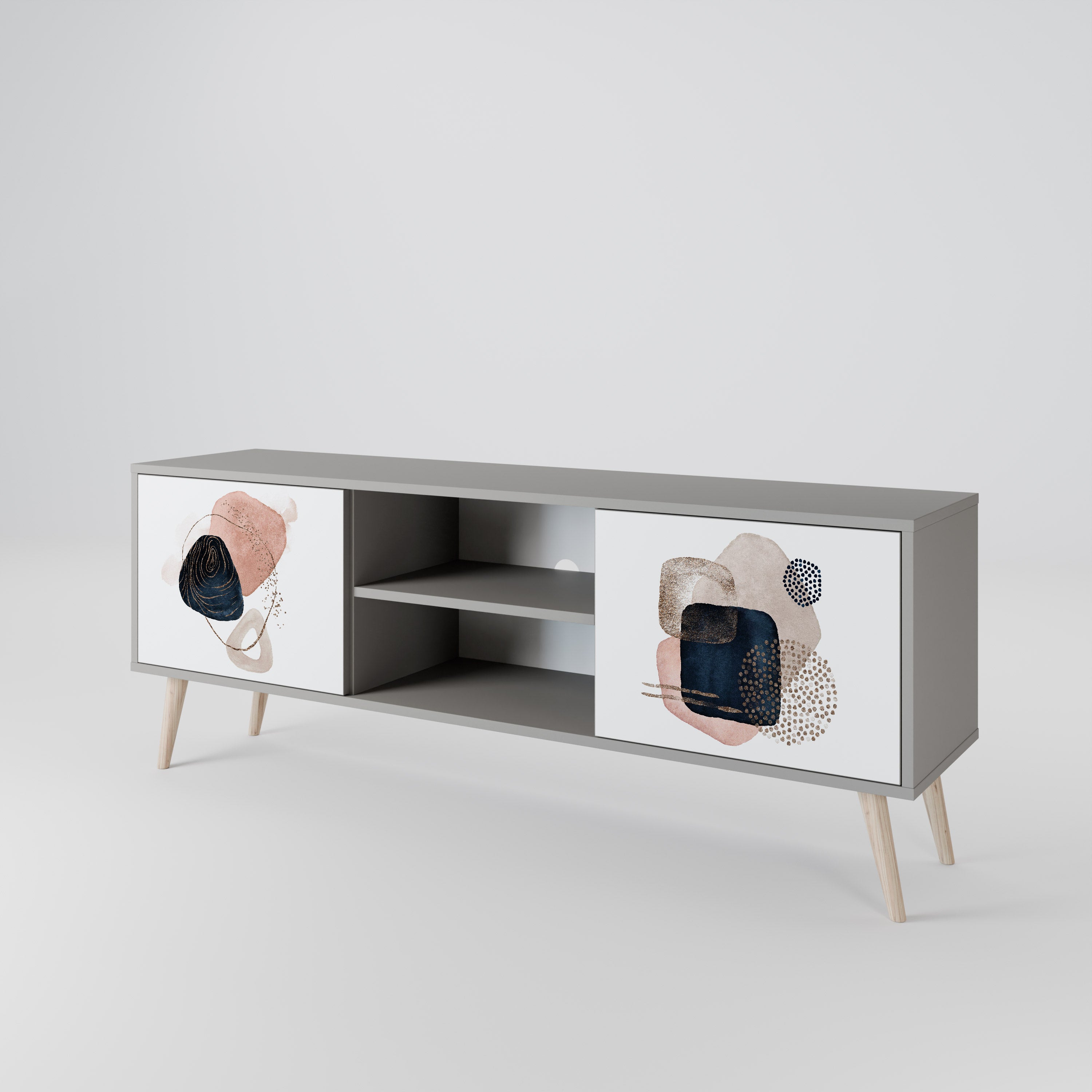 Mueble de TV de 2 puertas con formas coloridas en acabado gris