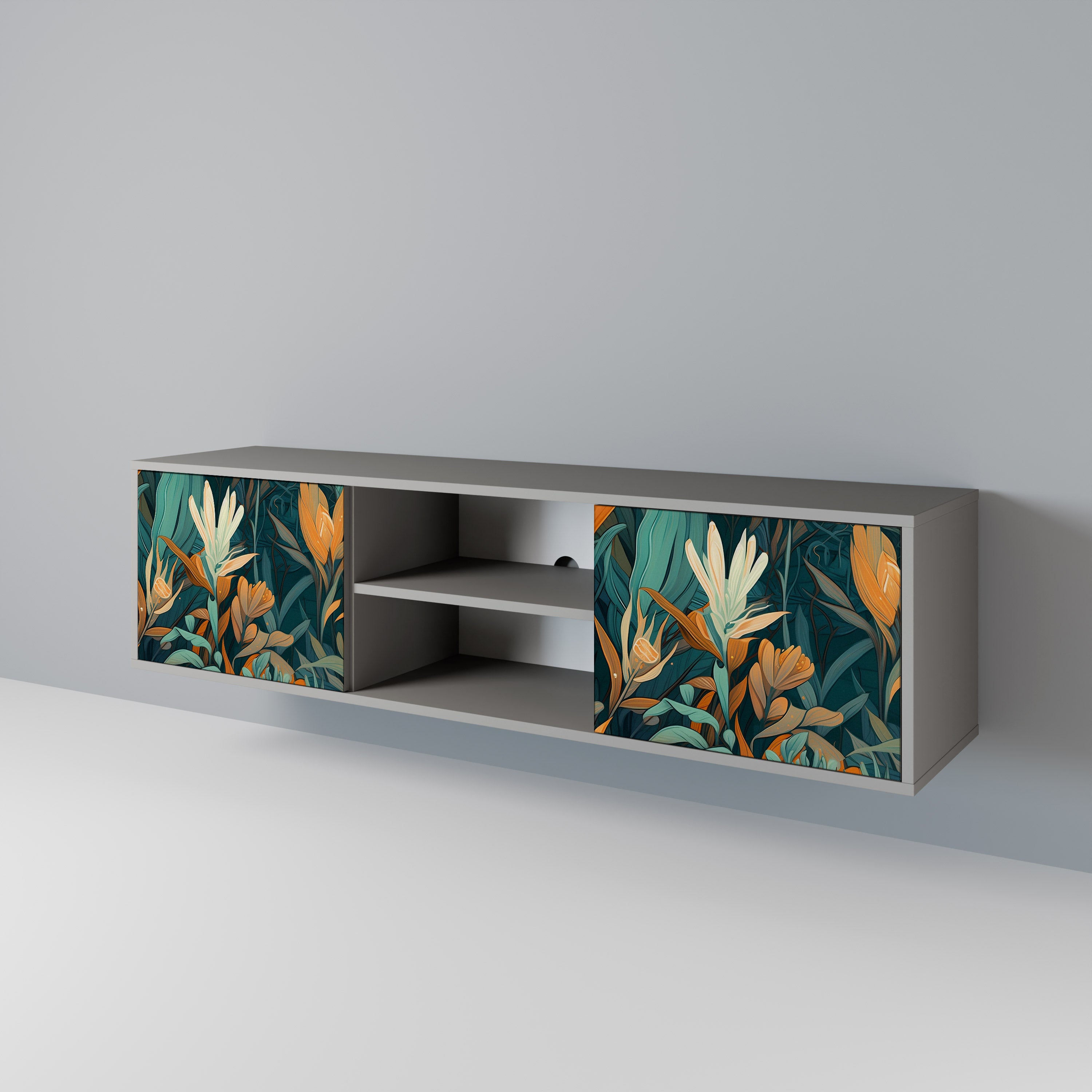 FLORAL SERENITY 2-Door TV Stand in Grey Finish