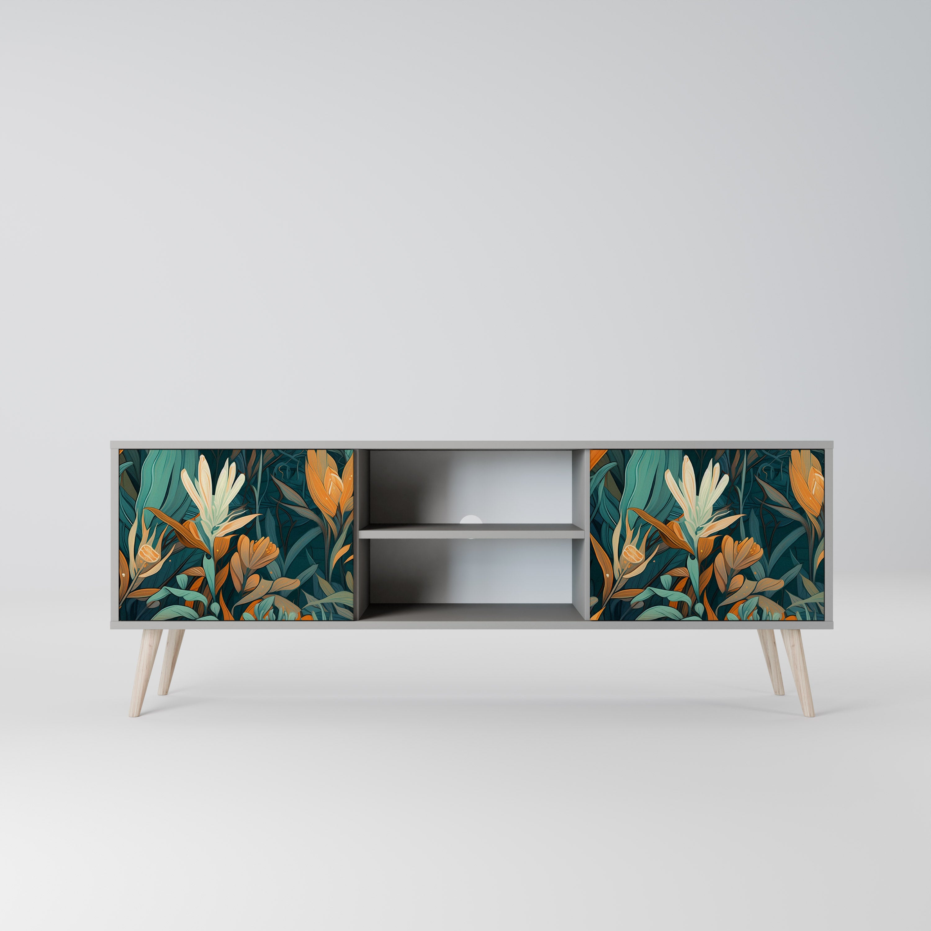 FLORAL SERENITY 2-Door TV Stand in Grey Finish