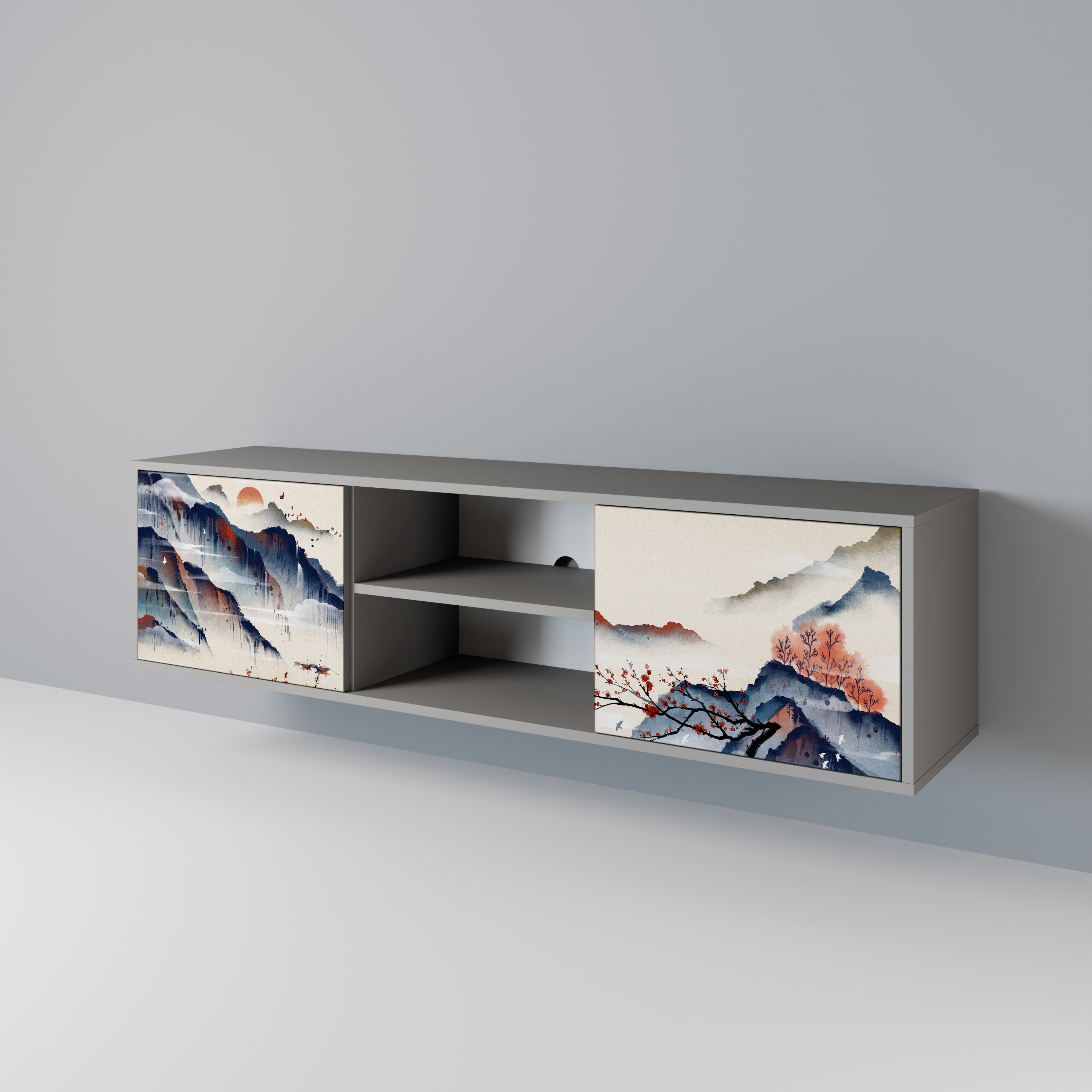 JAPANESE LANDSCAPE 2-Door TV Stand in Grey Finish