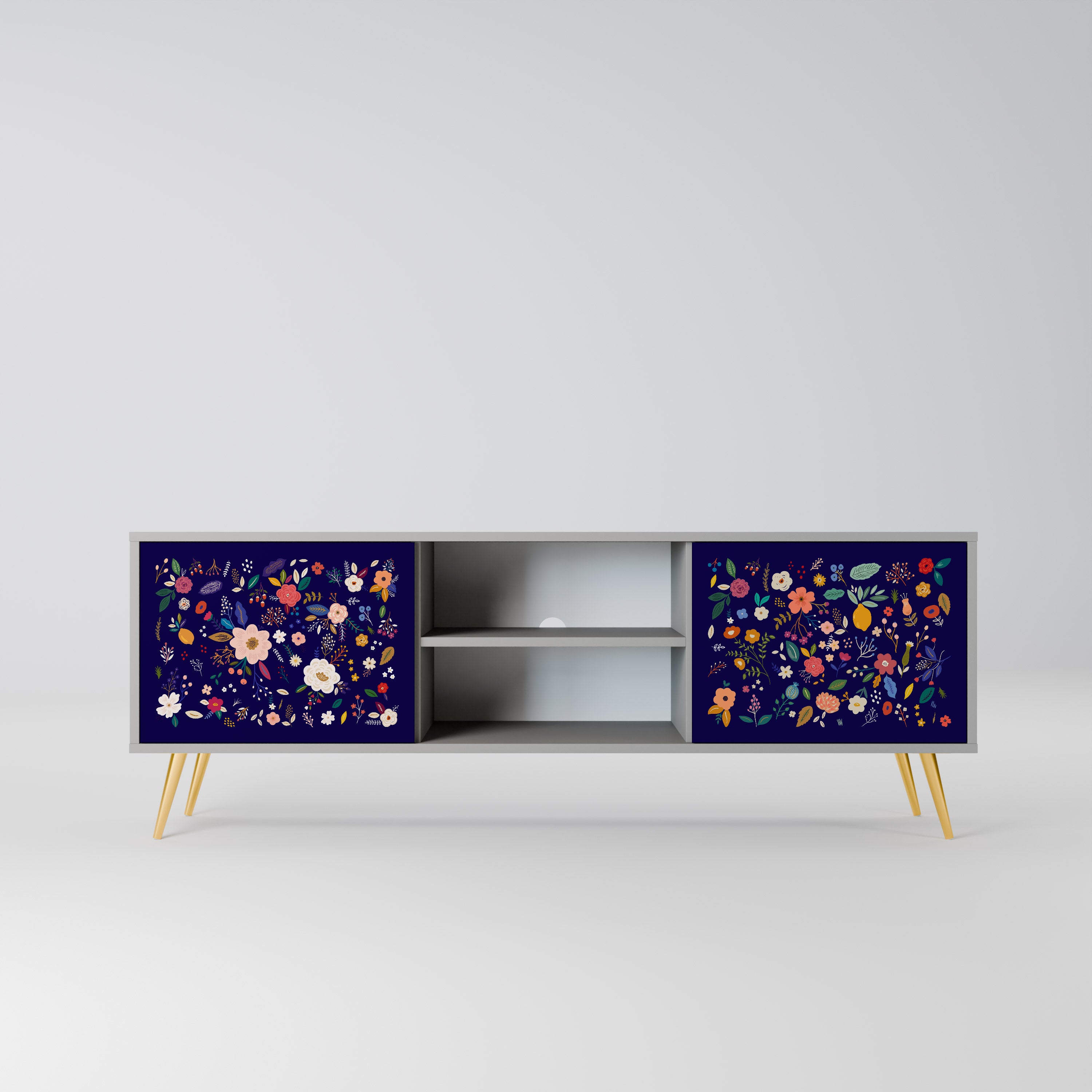 FLORAL COMBINATION 2-Door TV Stand in Grey Finish