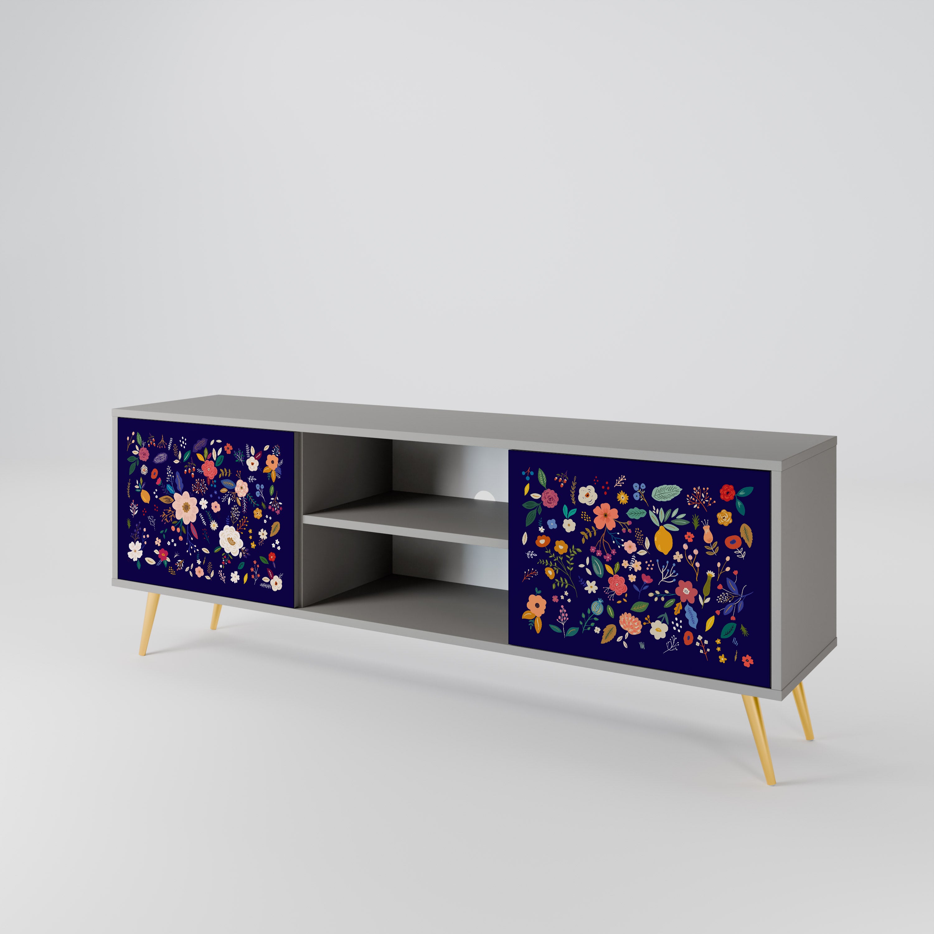 FLORAL COMBINATION 2-Door TV Stand in Grey Finish