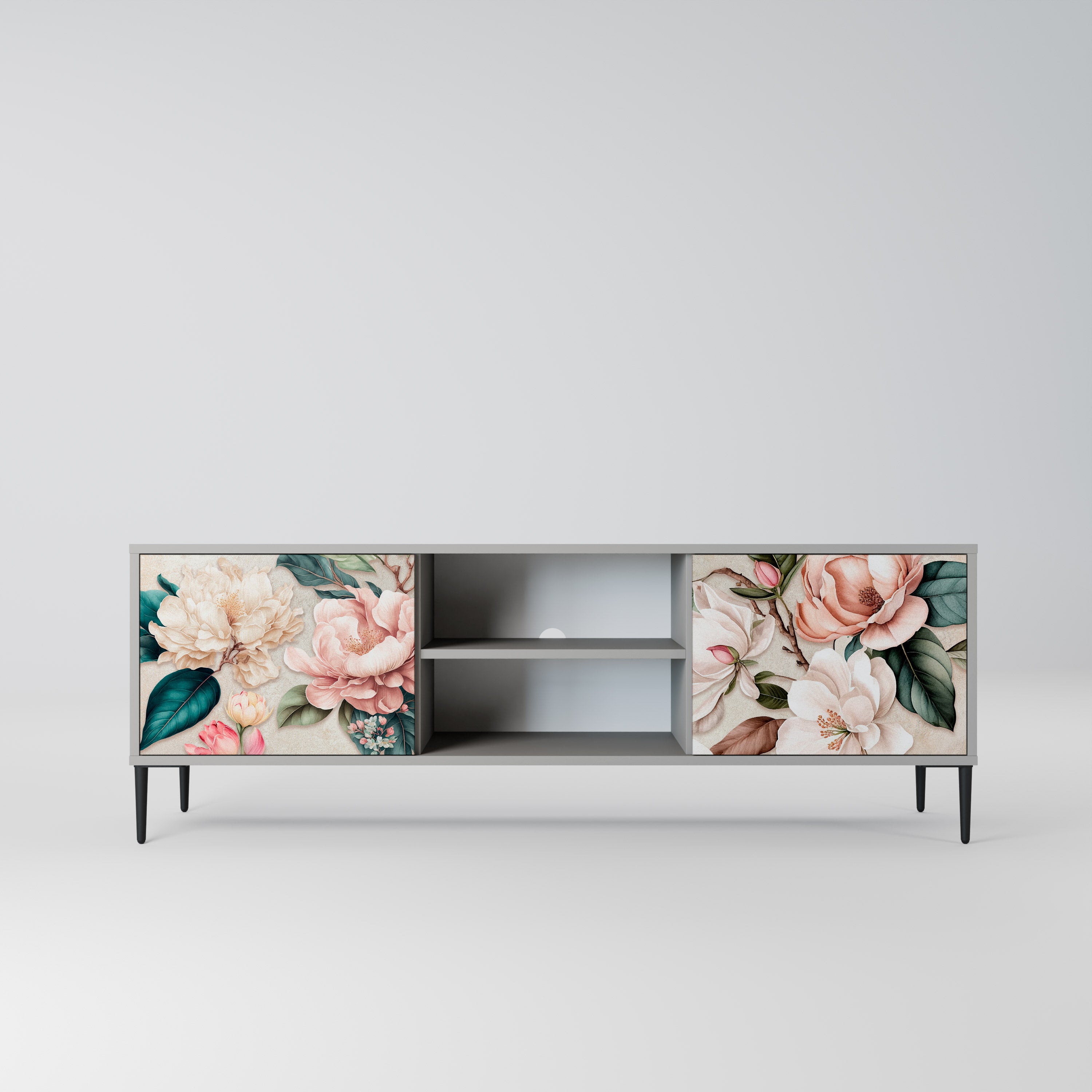 FLORAL GRACE 2-Door TV Stand in Grey Finish