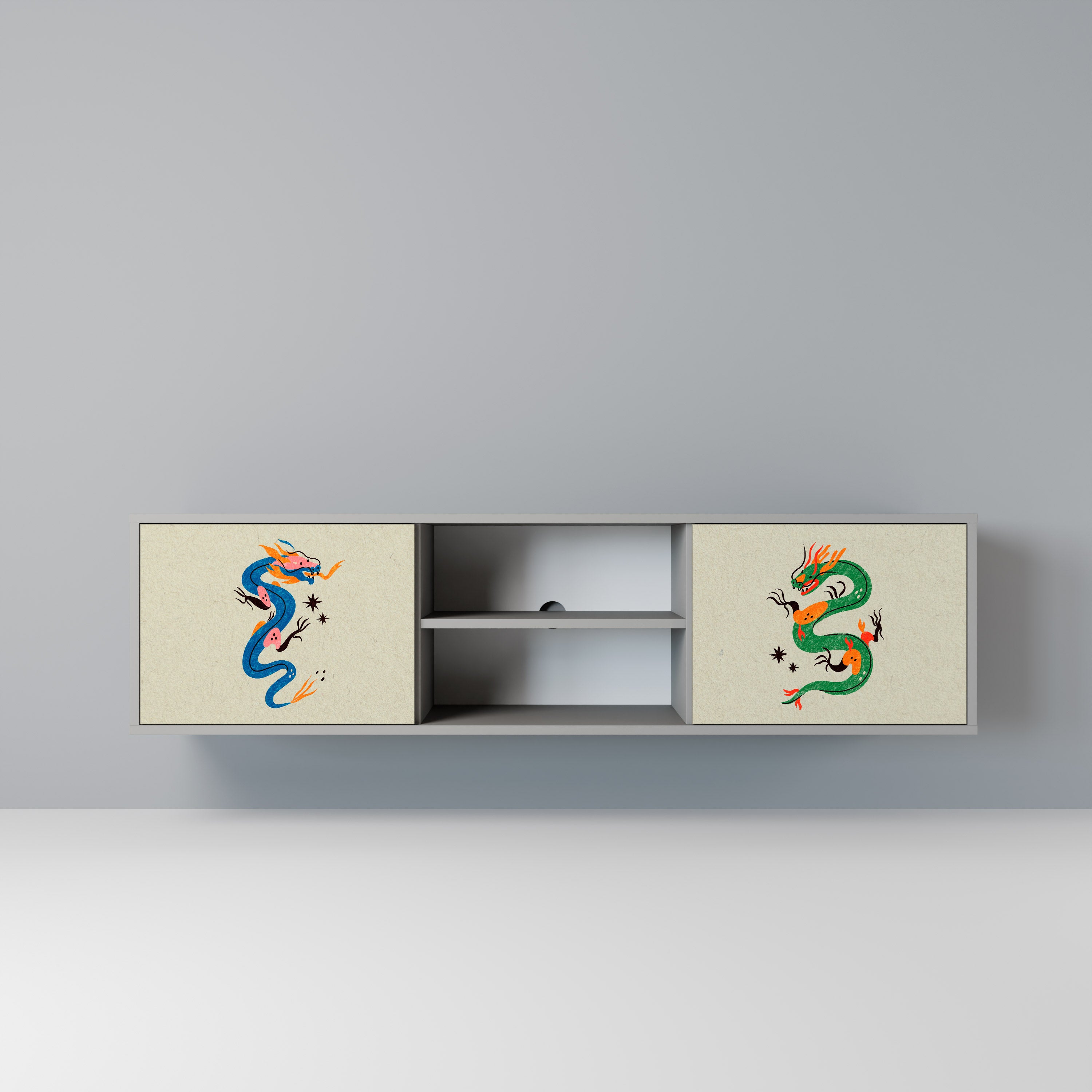 MYTHOLOGICAL CREATURES 2-Door TV Stand in Grey Finish