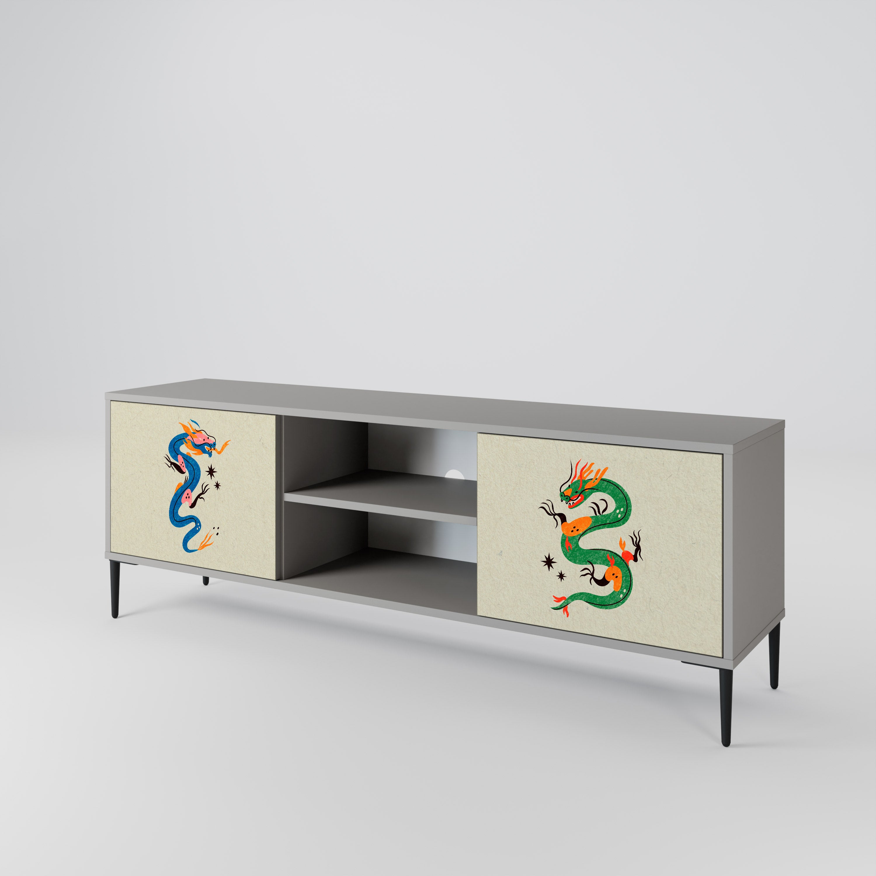 MYTHOLOGICAL CREATURES 2-Door TV Stand in Grey Finish