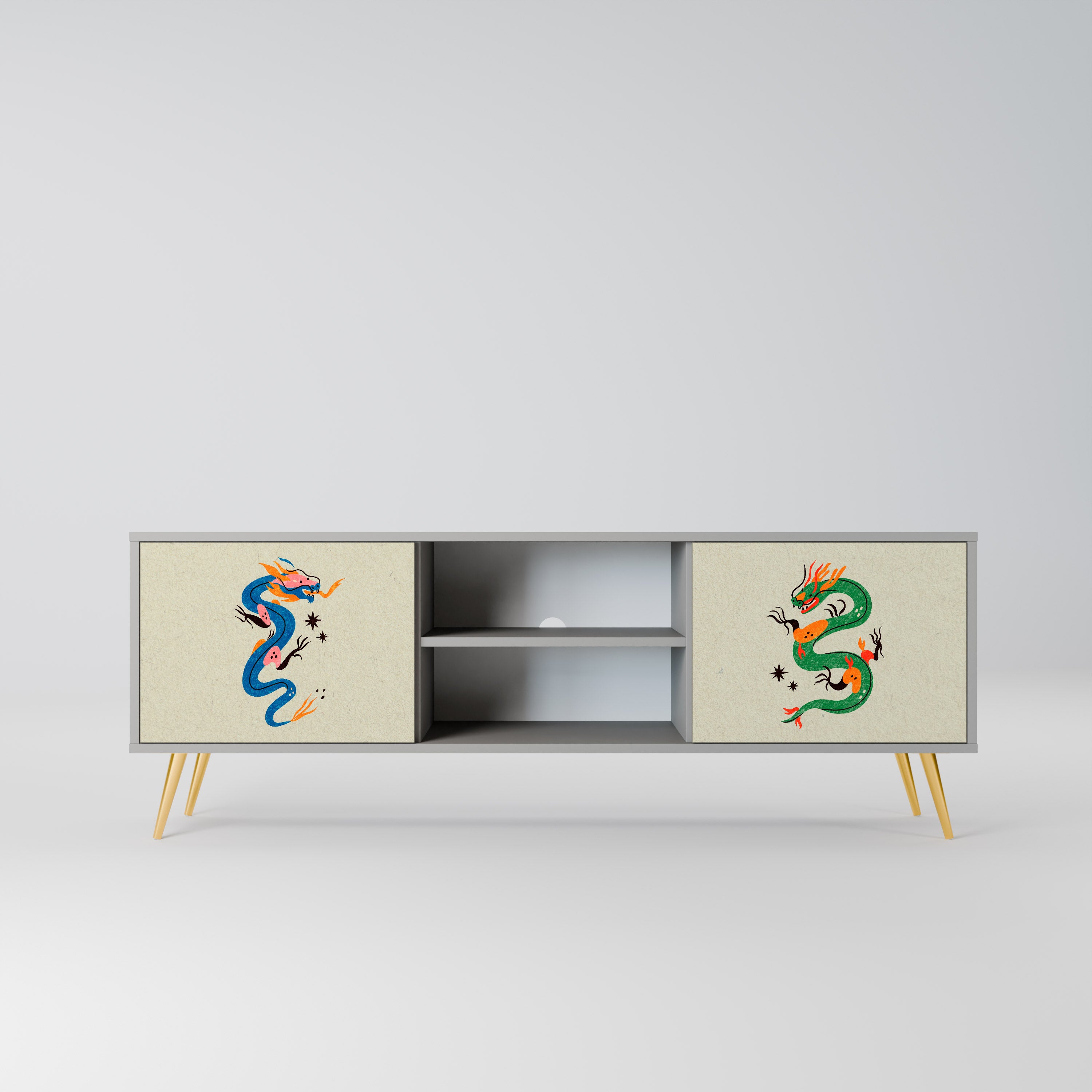 MYTHOLOGICAL CREATURES 2-Door TV Stand in Grey Finish