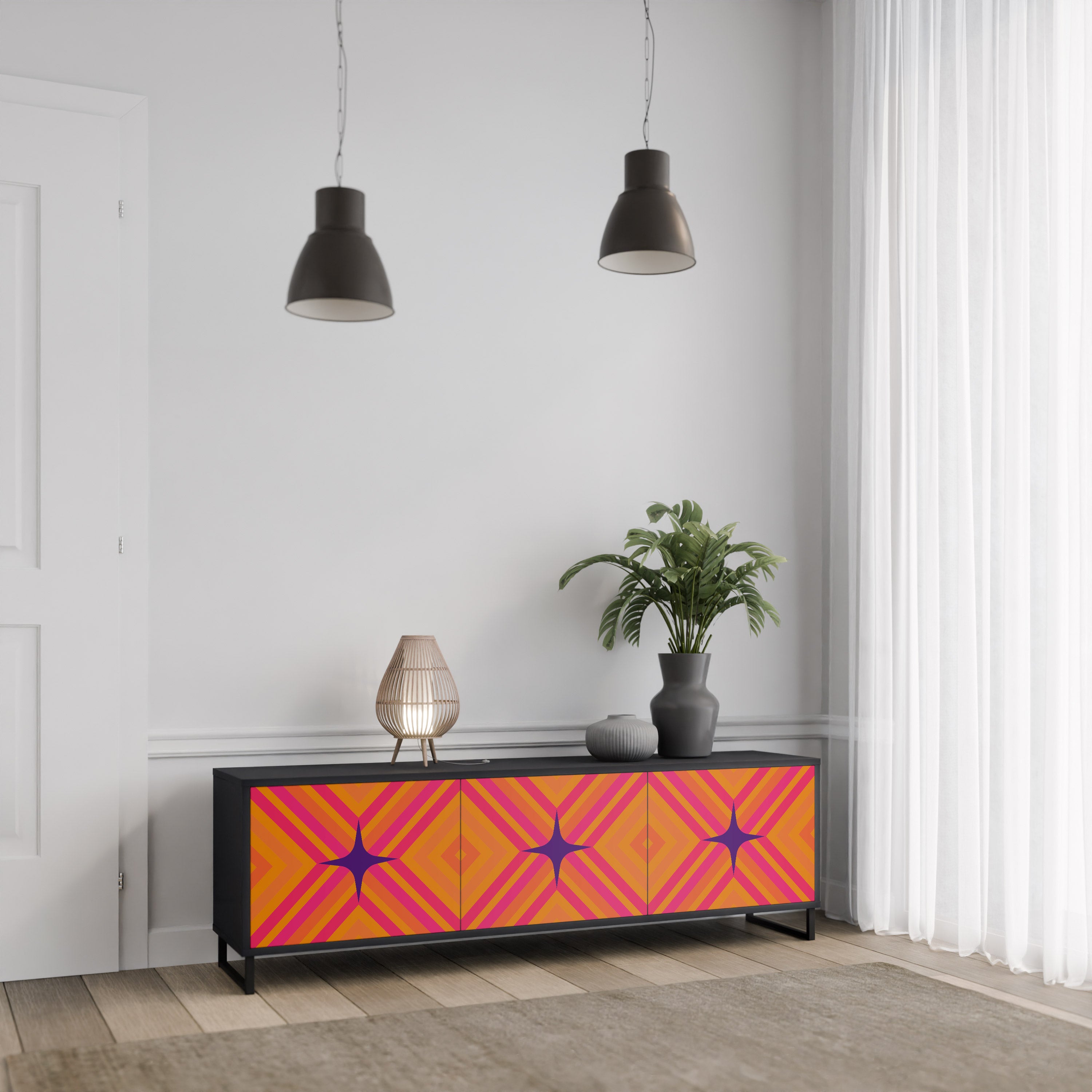 Mueble de TV de 3 puertas GEOMETRIC BRILLIANCE en acabado negro