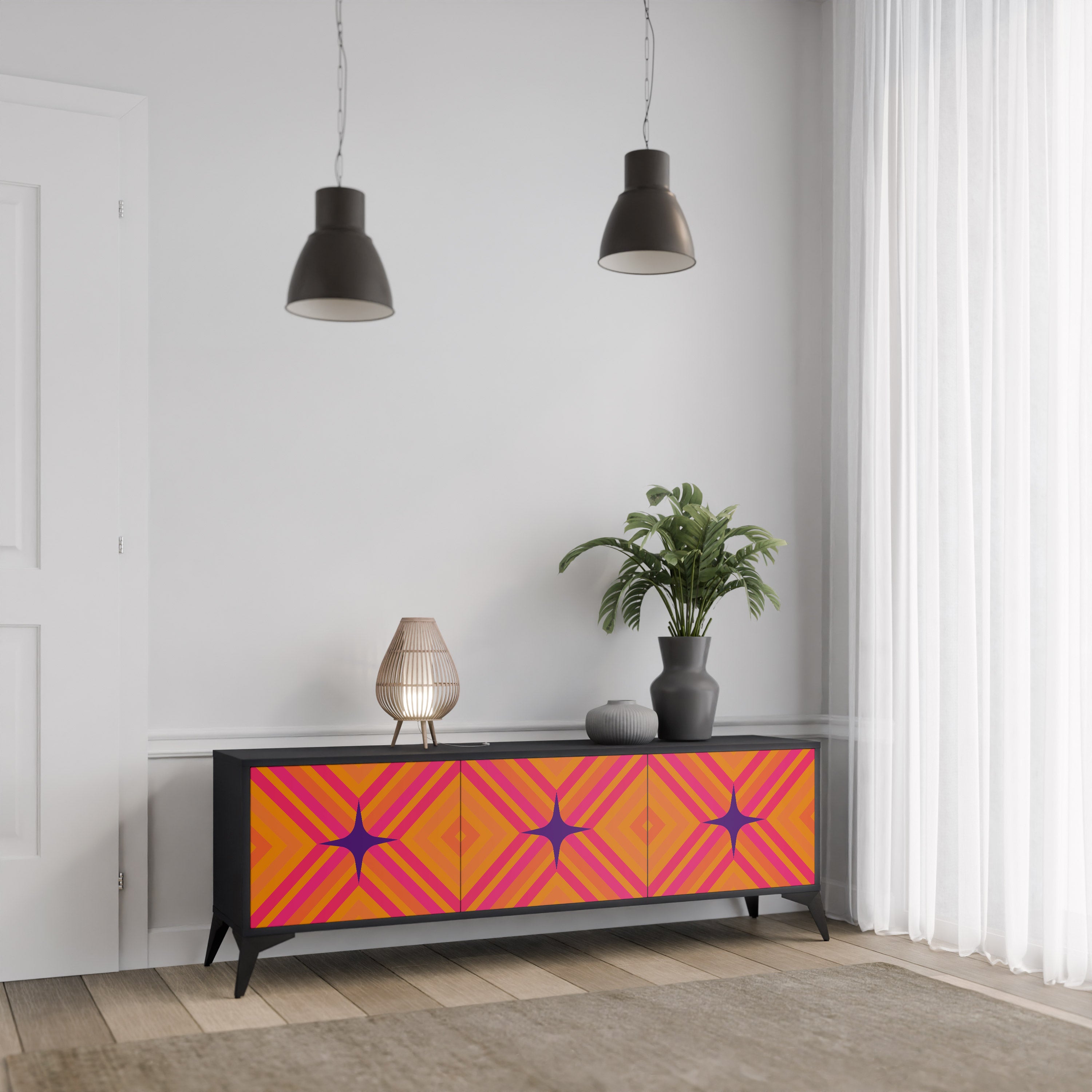 Mueble de TV de 3 puertas GEOMETRIC BRILLIANCE en acabado negro
