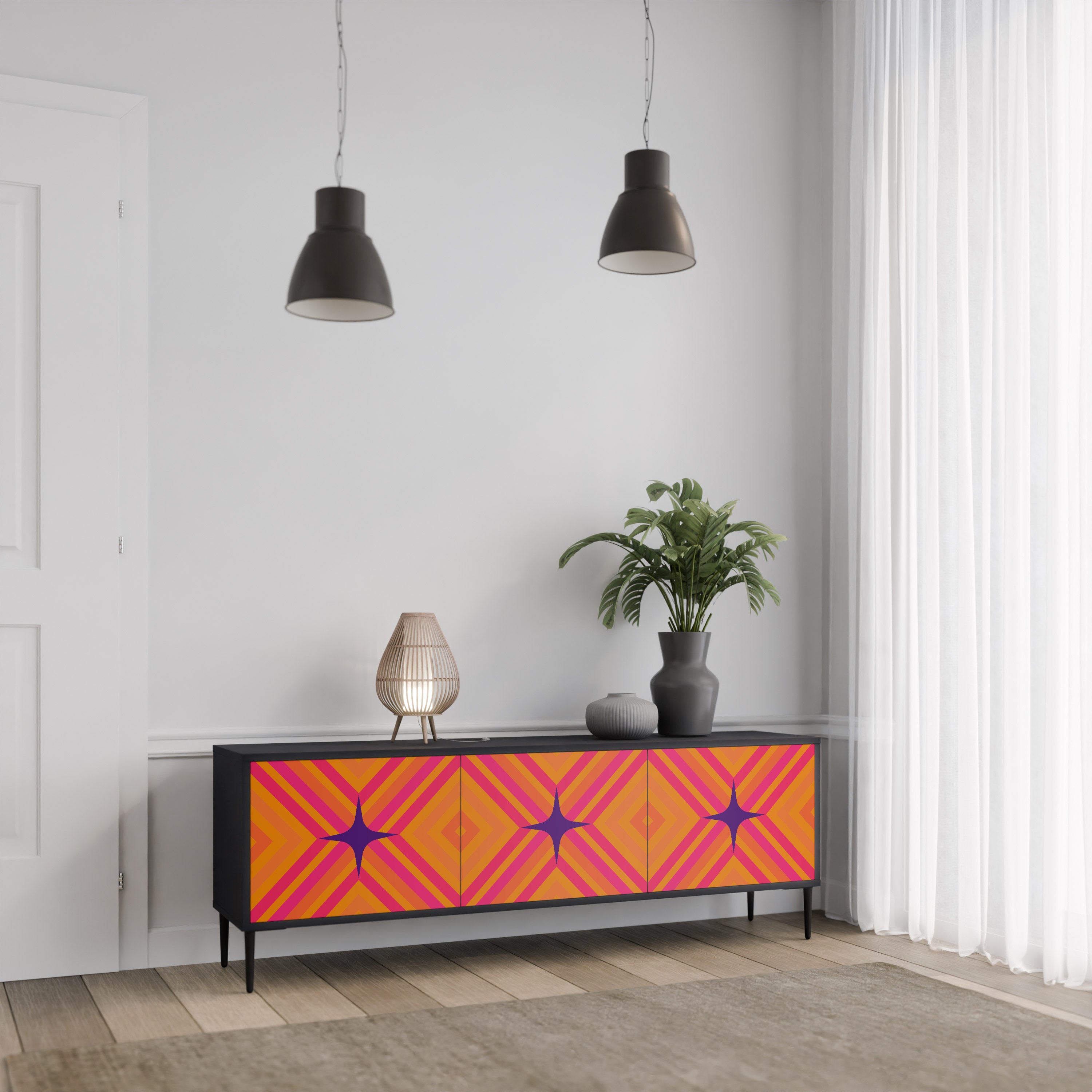 Mueble de TV de 3 puertas GEOMETRIC BRILLIANCE en acabado negro