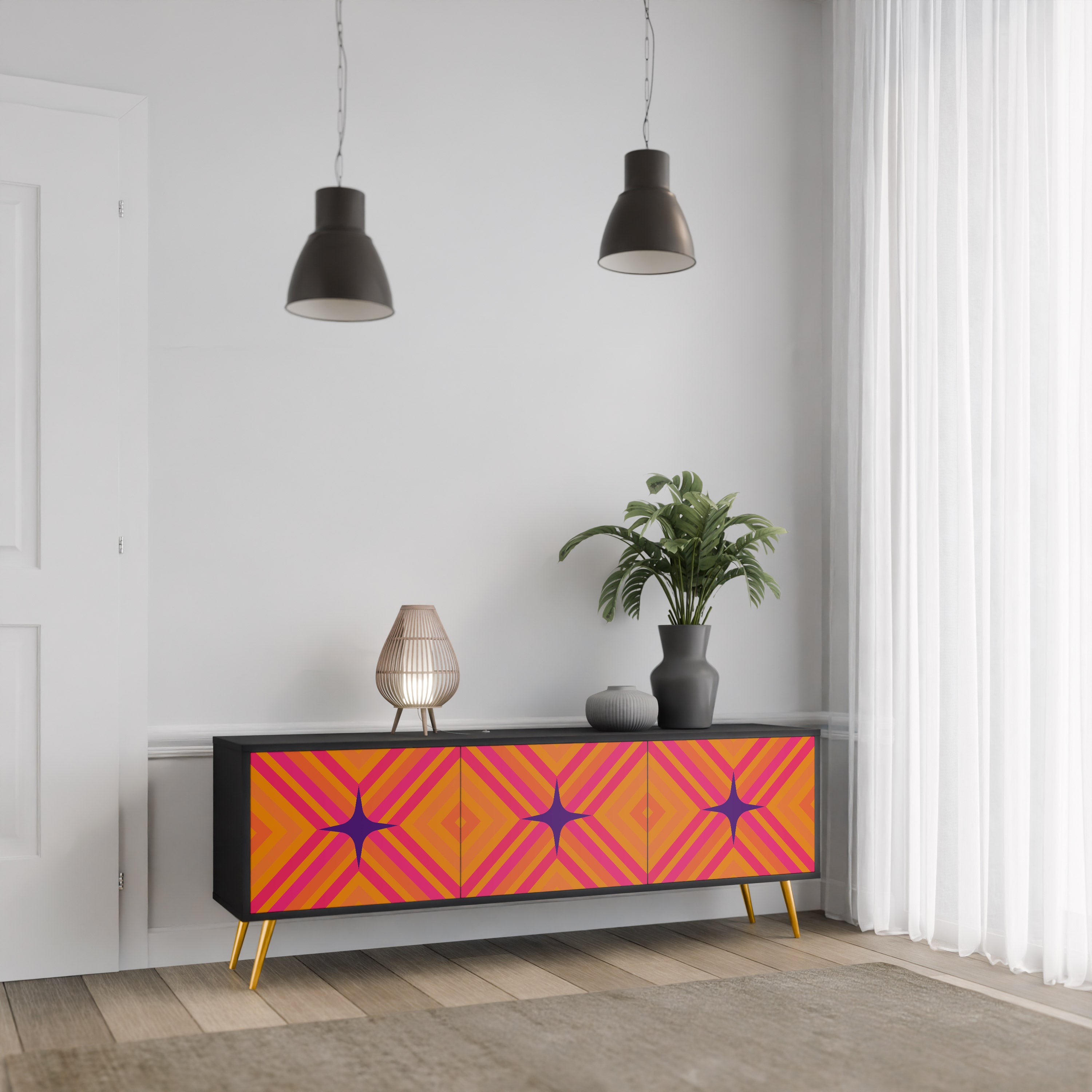 Mueble de TV de 3 puertas GEOMETRIC BRILLIANCE en acabado negro