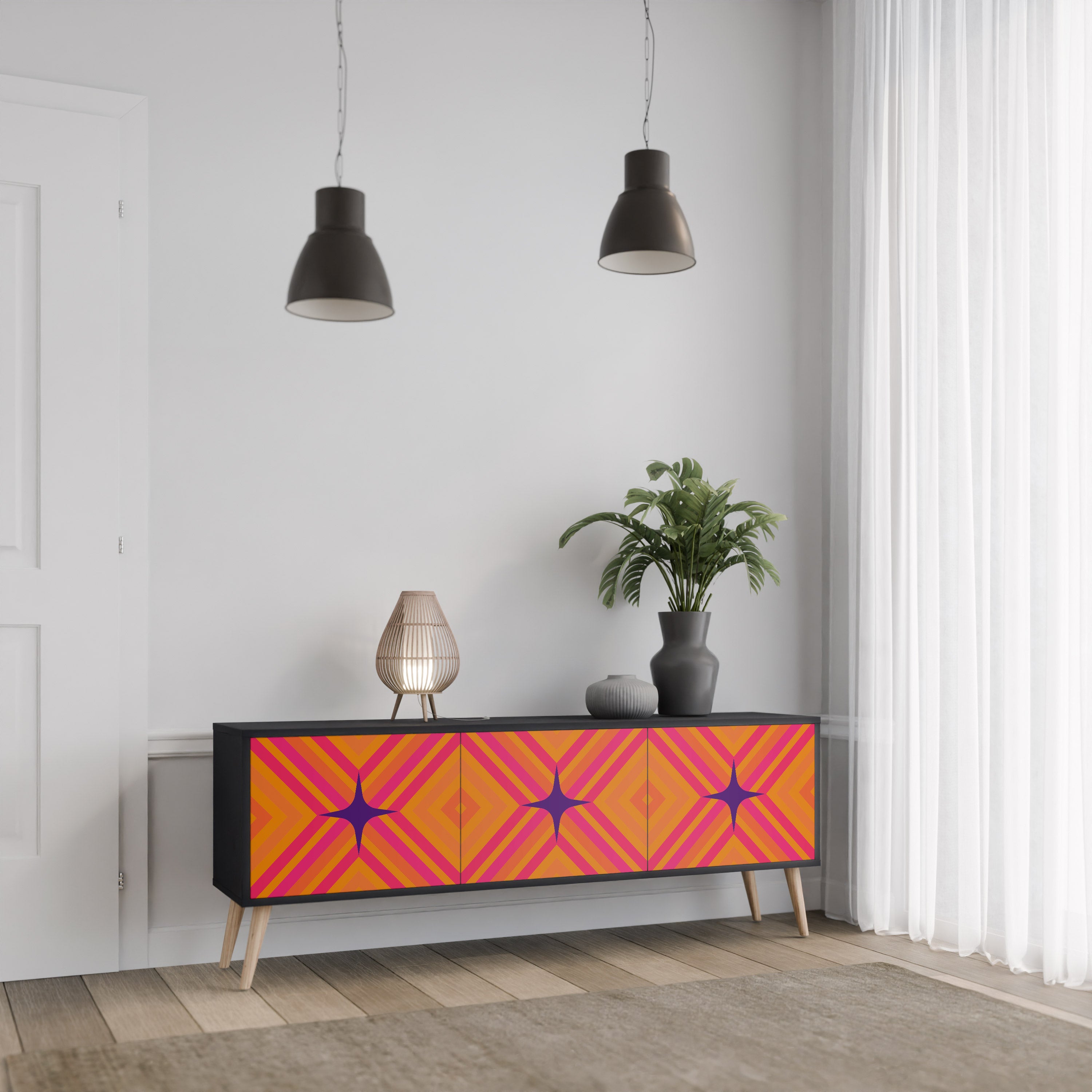 Mueble de TV de 3 puertas GEOMETRIC BRILLIANCE en acabado negro