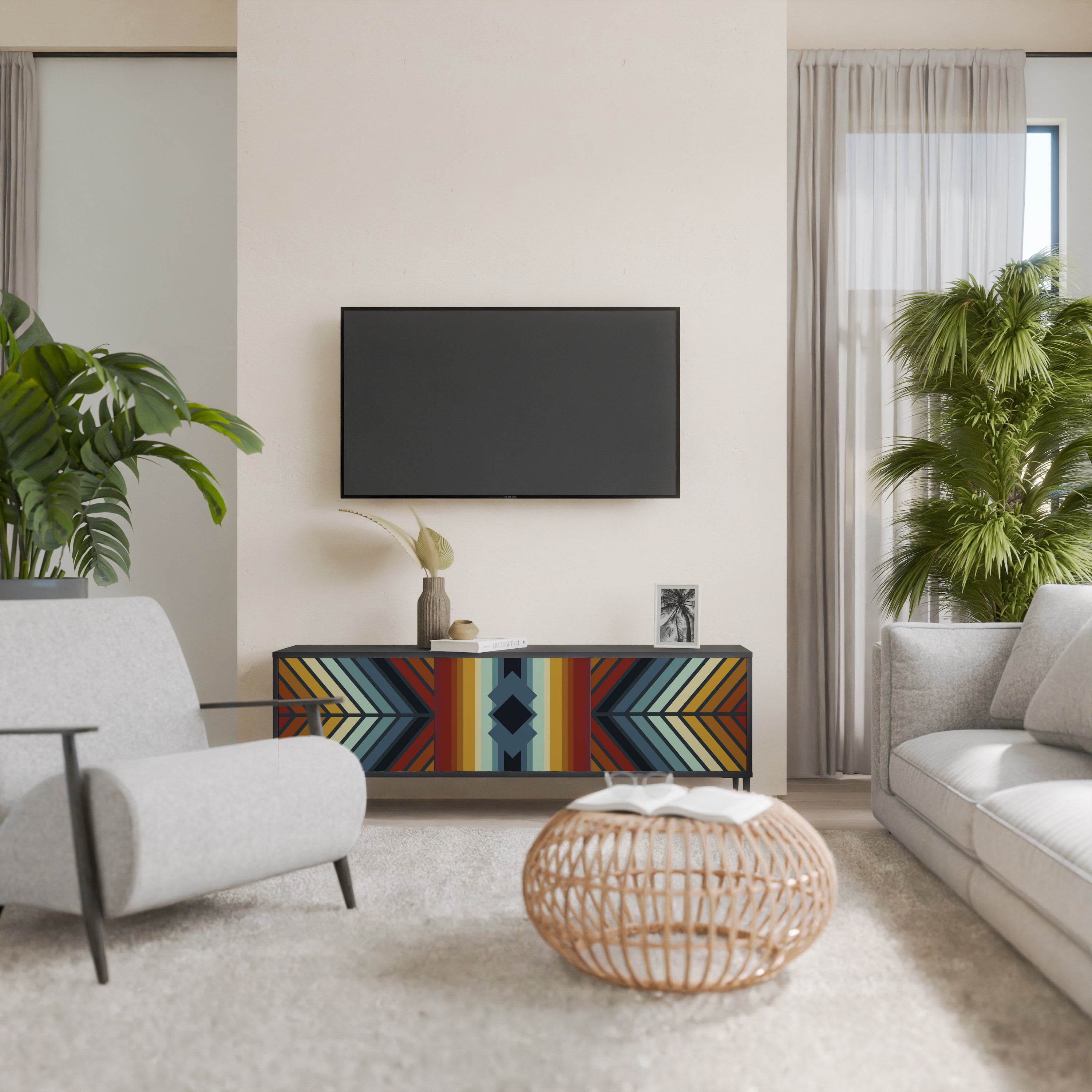 Mueble de TV INDIGENOUS ZIGZAG de 3 puertas con acabado negro