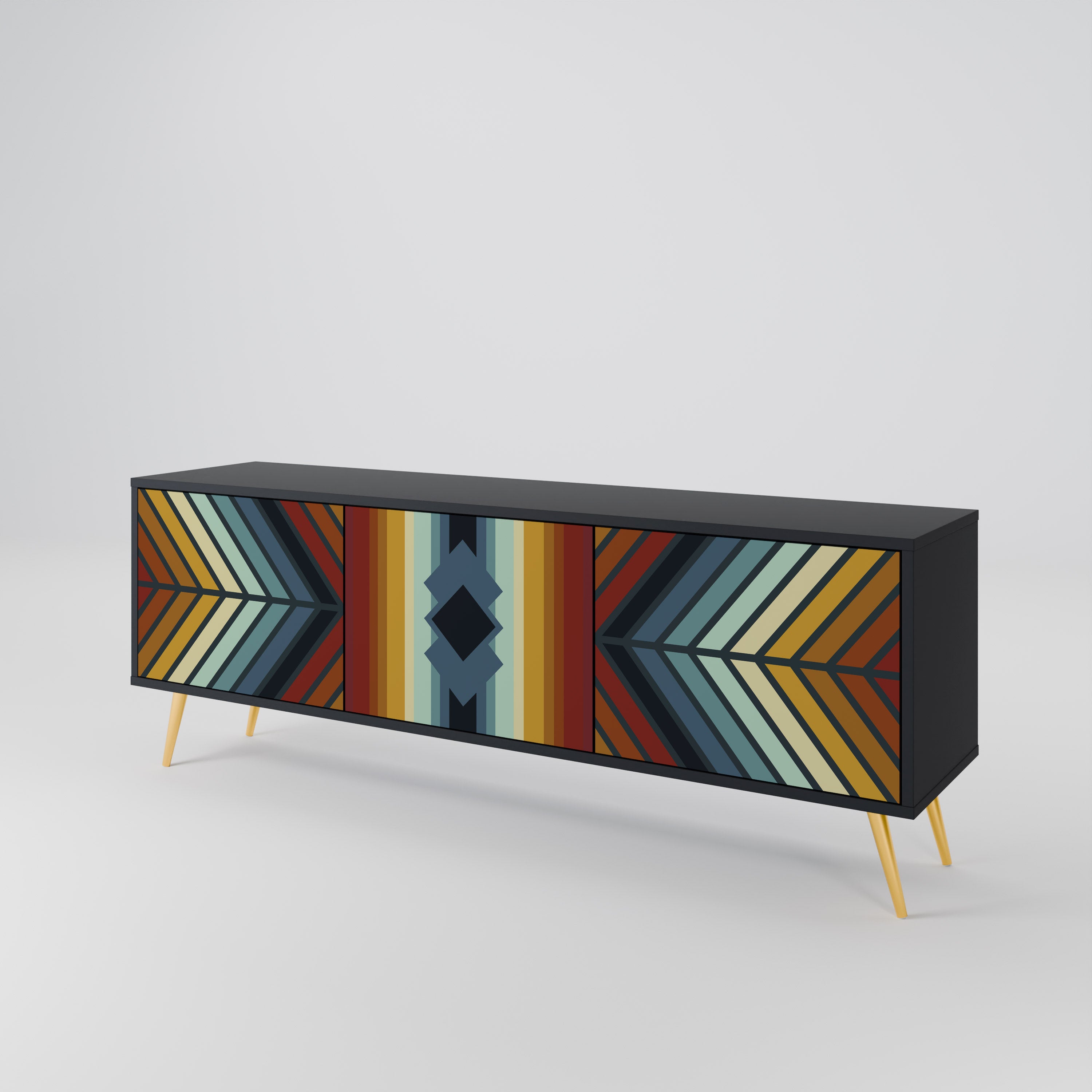 Mueble de TV INDIGENOUS ZIGZAG de 3 puertas con acabado negro