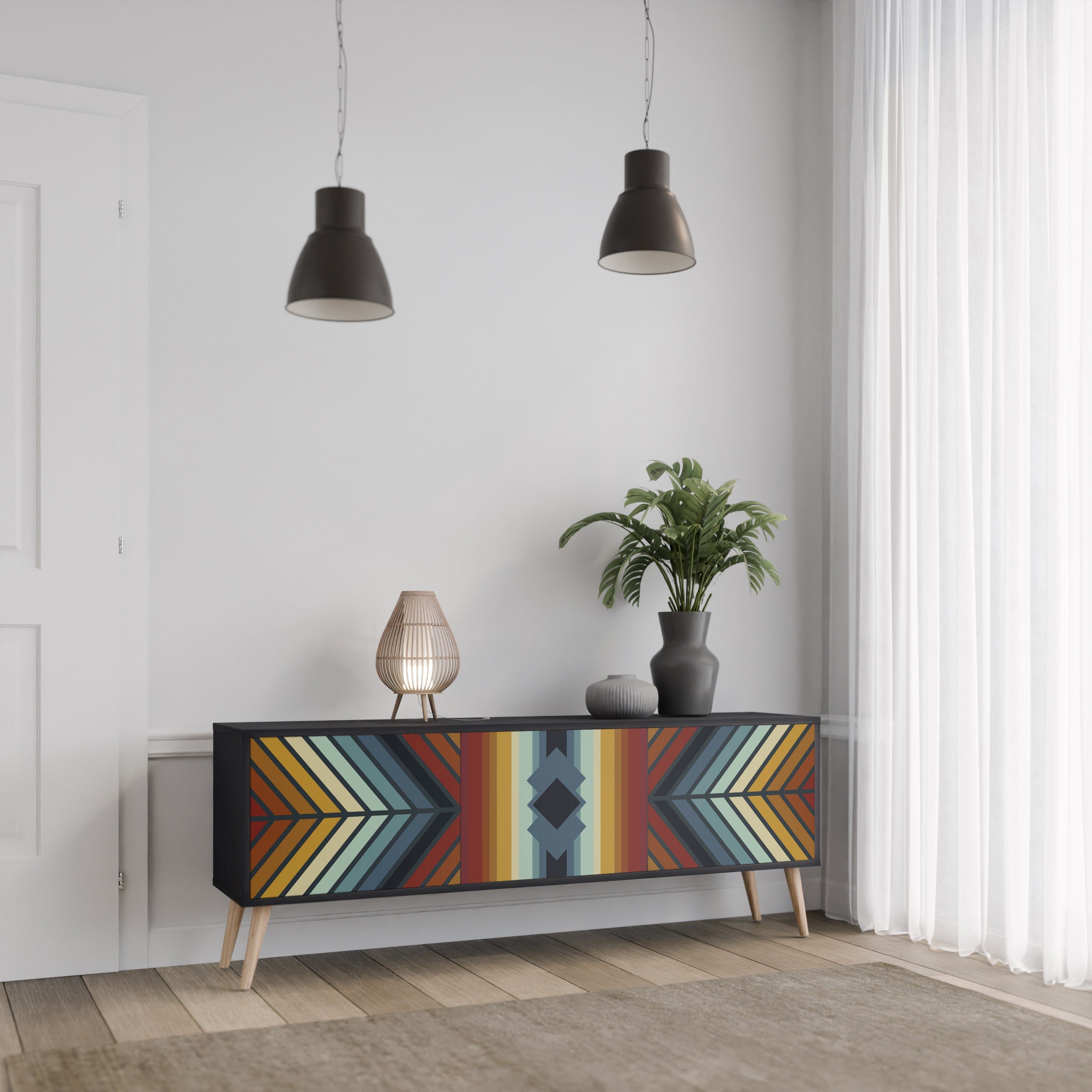 Mueble de TV INDIGENOUS ZIGZAG de 3 puertas con acabado negro