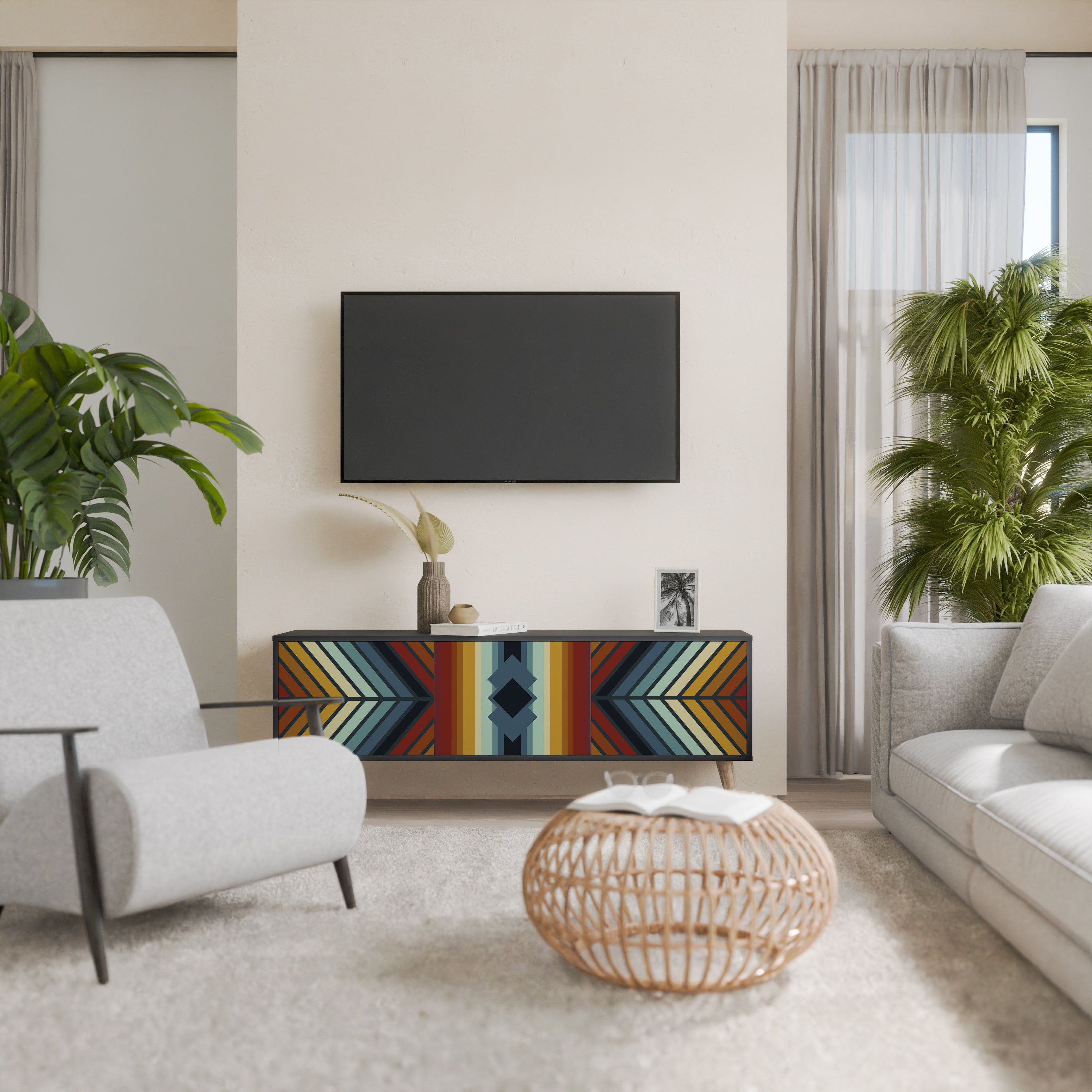 Mueble de TV INDIGENOUS ZIGZAG de 3 puertas con acabado negro