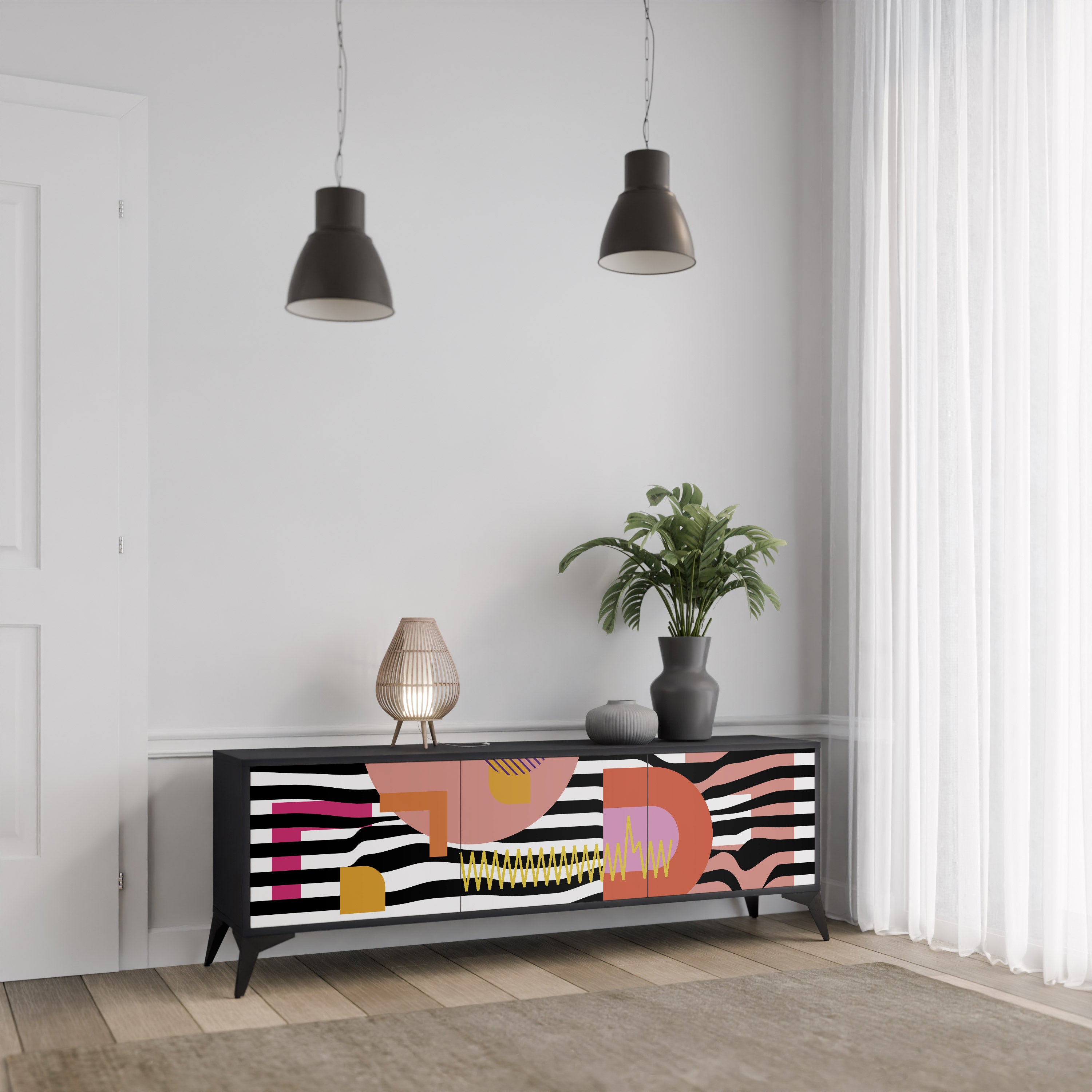 Mueble de TV de 3 puertas ABSTRACTO CROMÁTICO en acabado negro