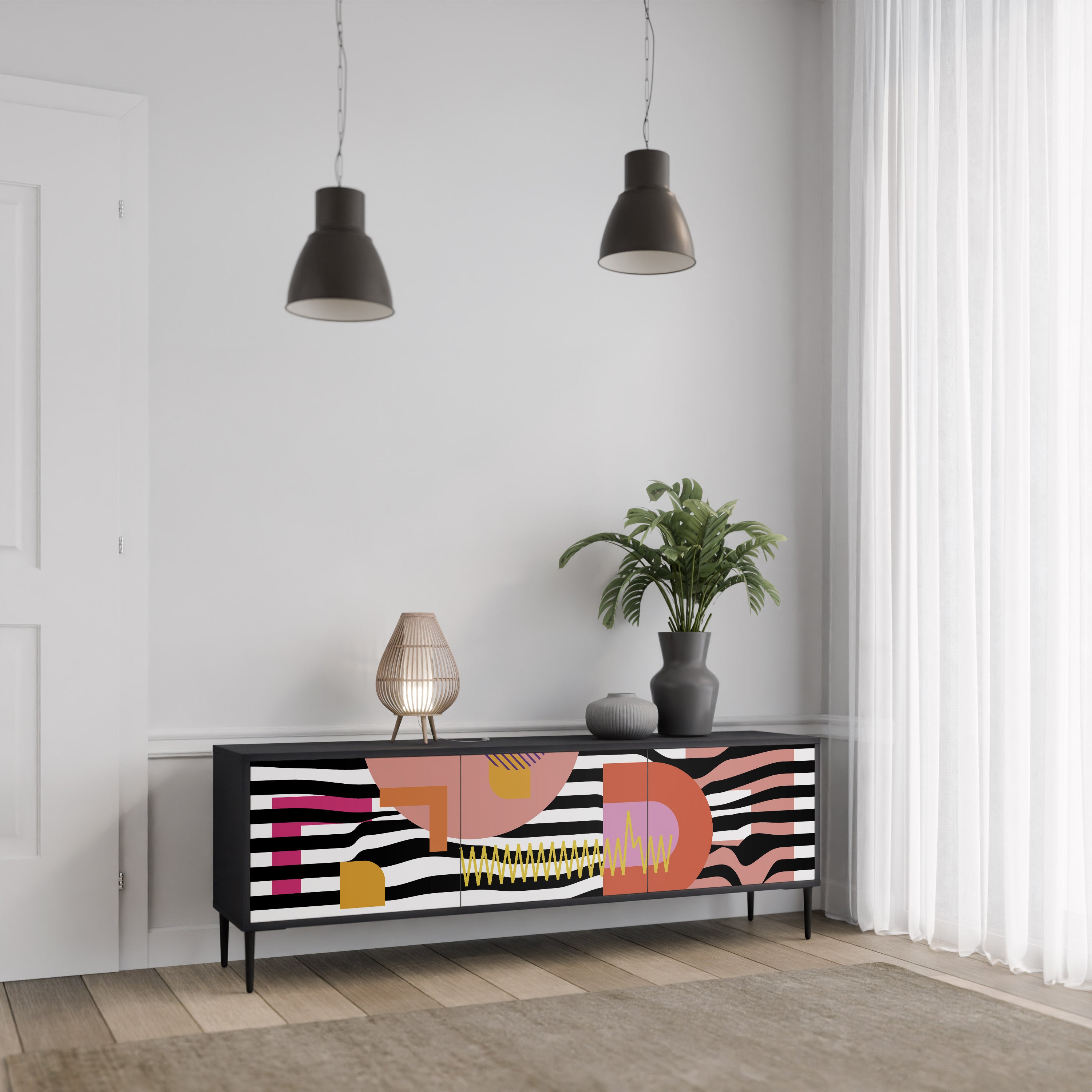 Mueble de TV de 3 puertas ABSTRACTO CROMÁTICO en acabado negro