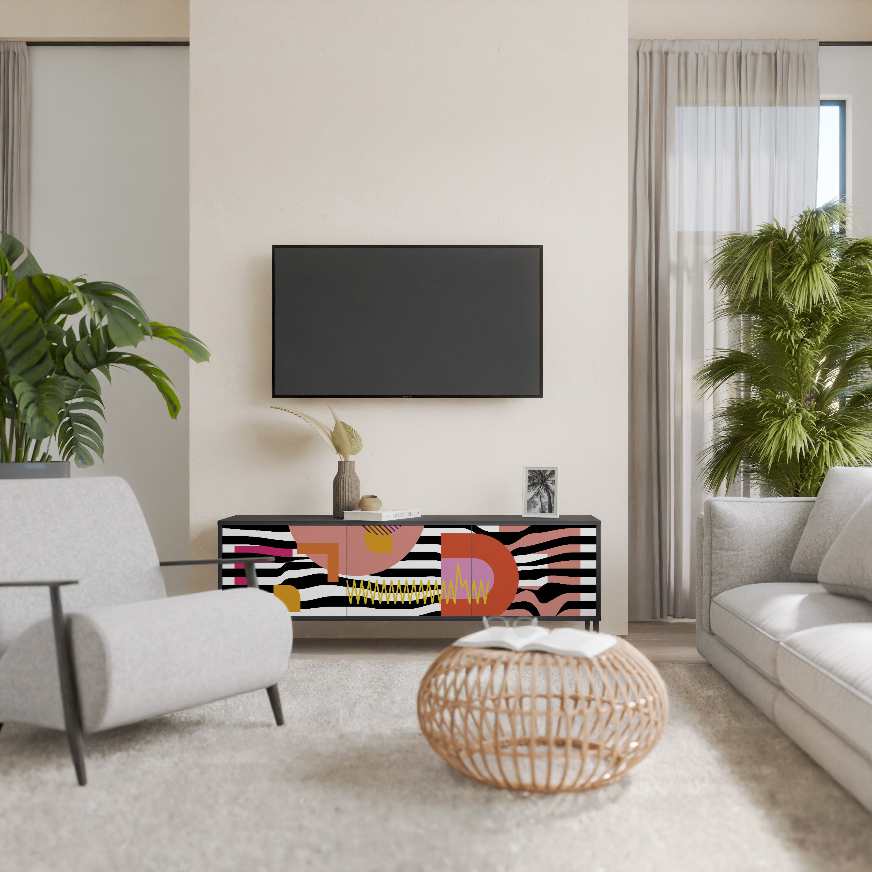 Mueble de TV de 3 puertas ABSTRACTO CROMÁTICO en acabado negro