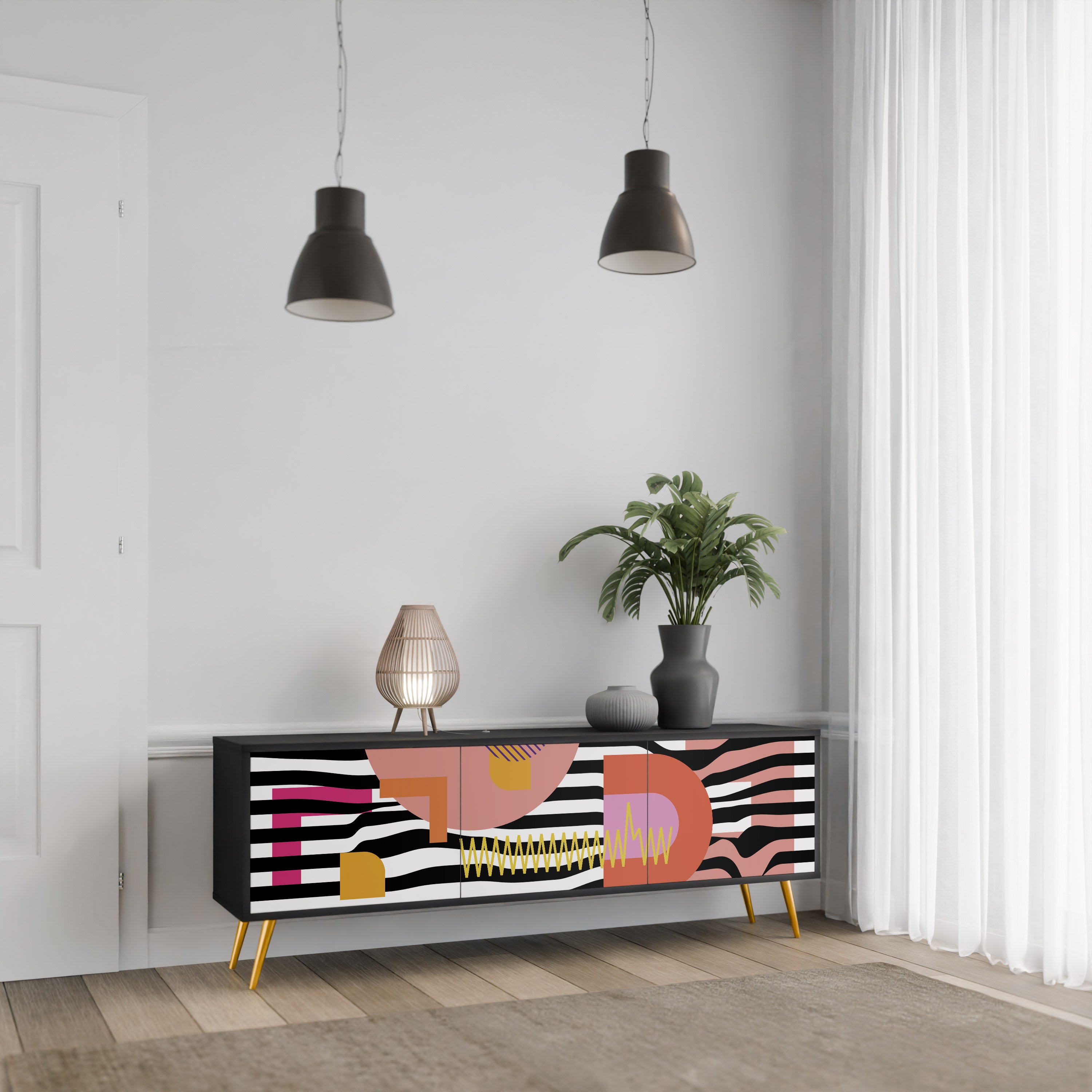 Mueble de TV de 3 puertas ABSTRACTO CROMÁTICO en acabado negro