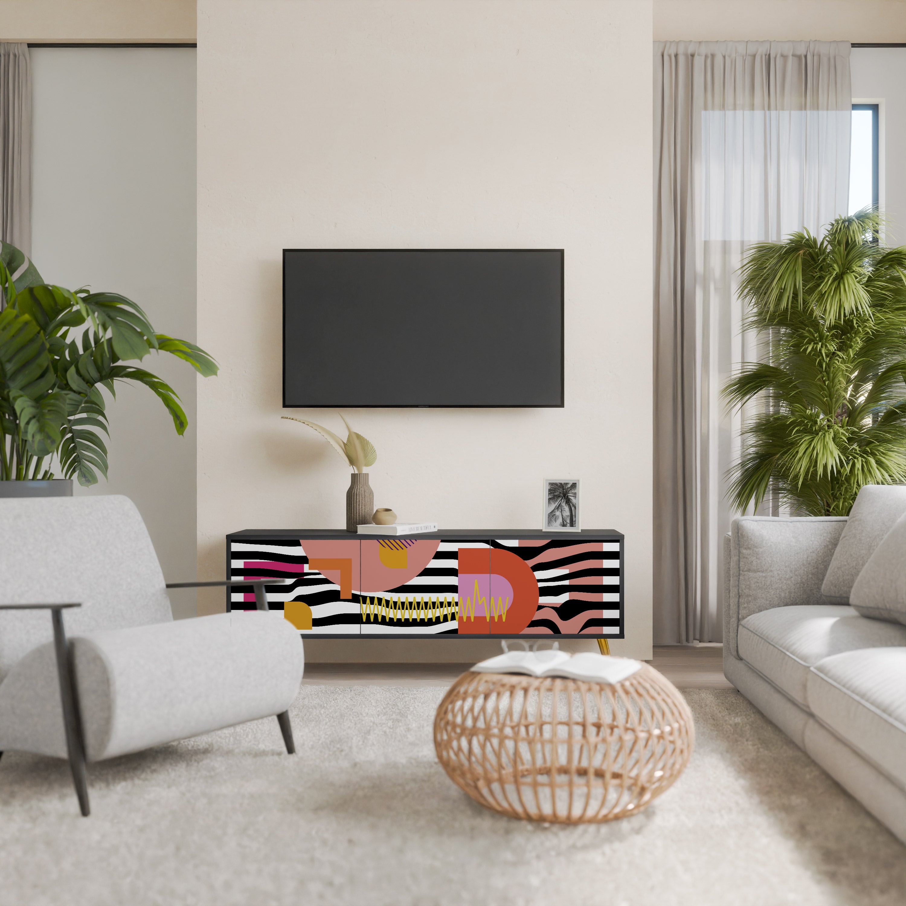 Mueble de TV de 3 puertas ABSTRACTO CROMÁTICO en acabado negro
