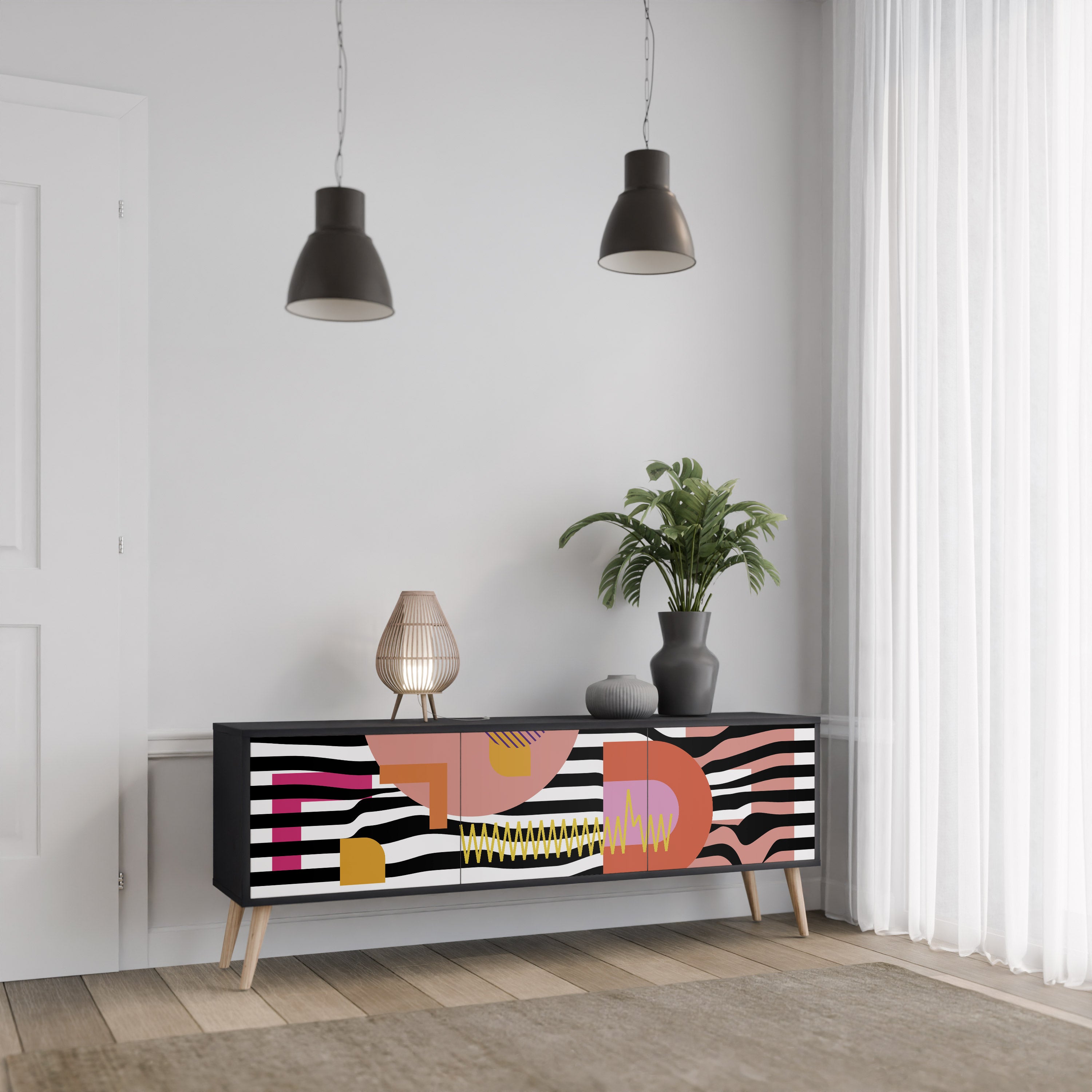 Mueble de TV de 3 puertas ABSTRACTO CROMÁTICO en acabado negro