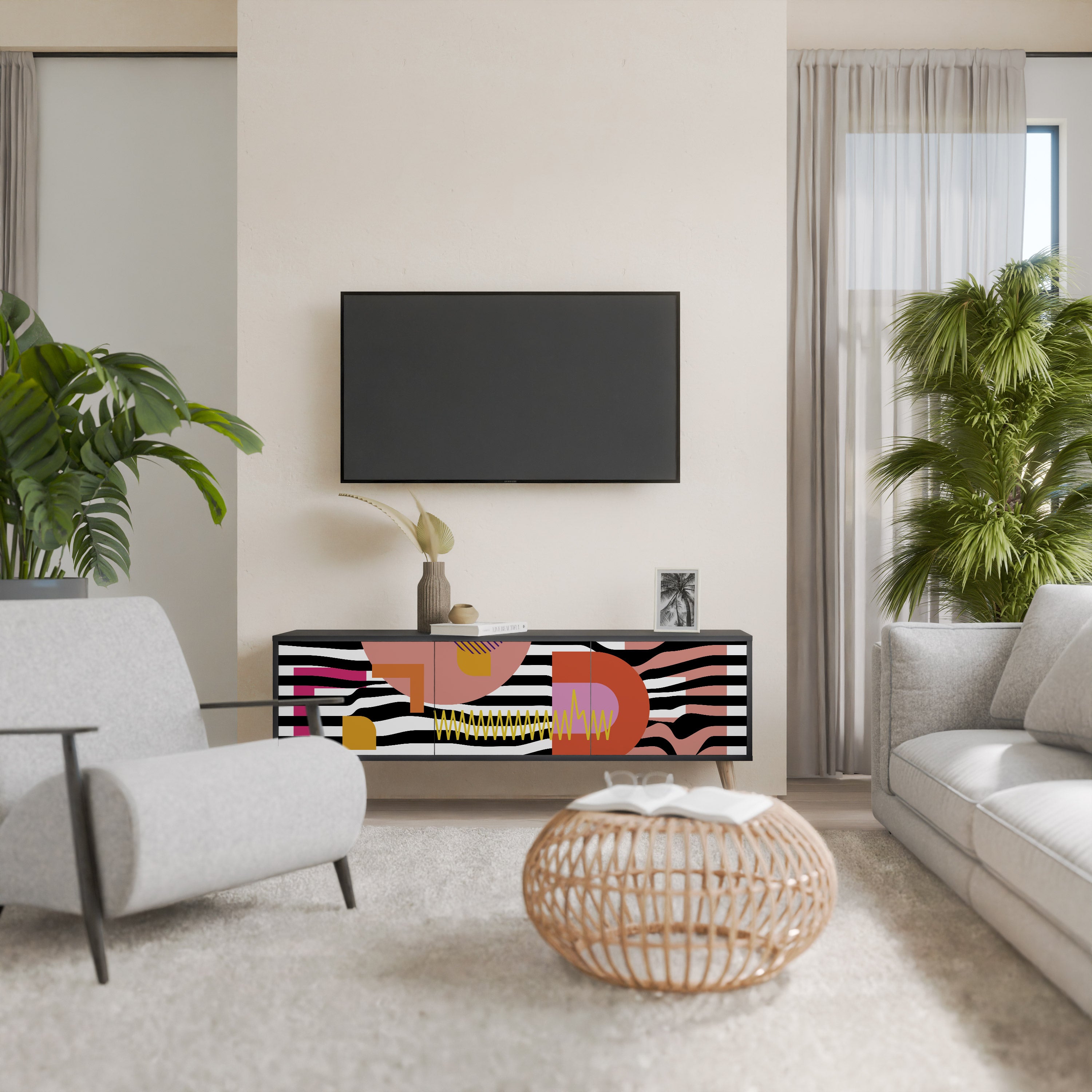 Mueble de TV de 3 puertas ABSTRACTO CROMÁTICO en acabado negro