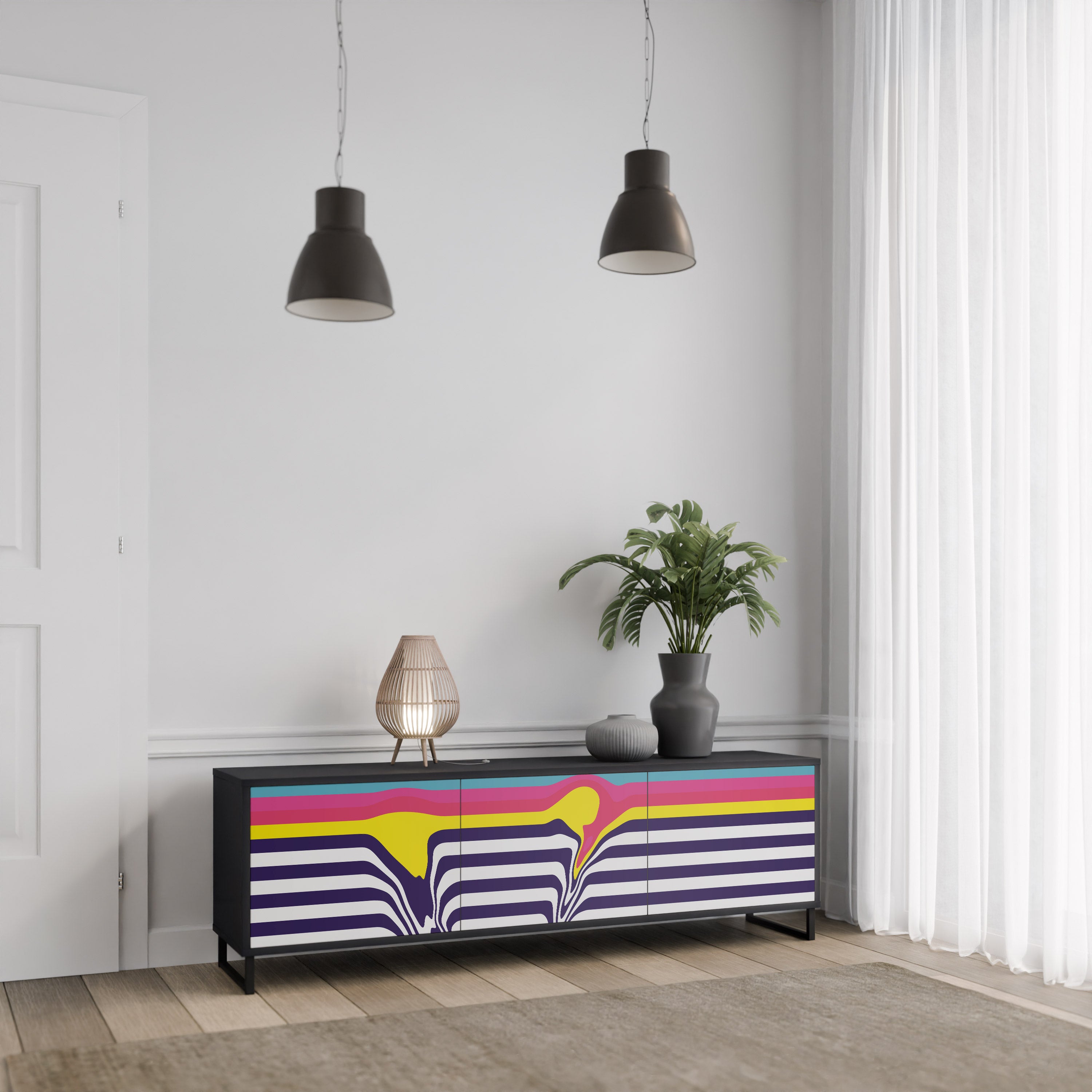 Mueble de TV de 3 puertas COLORFUL DIVERSION con acabado negro