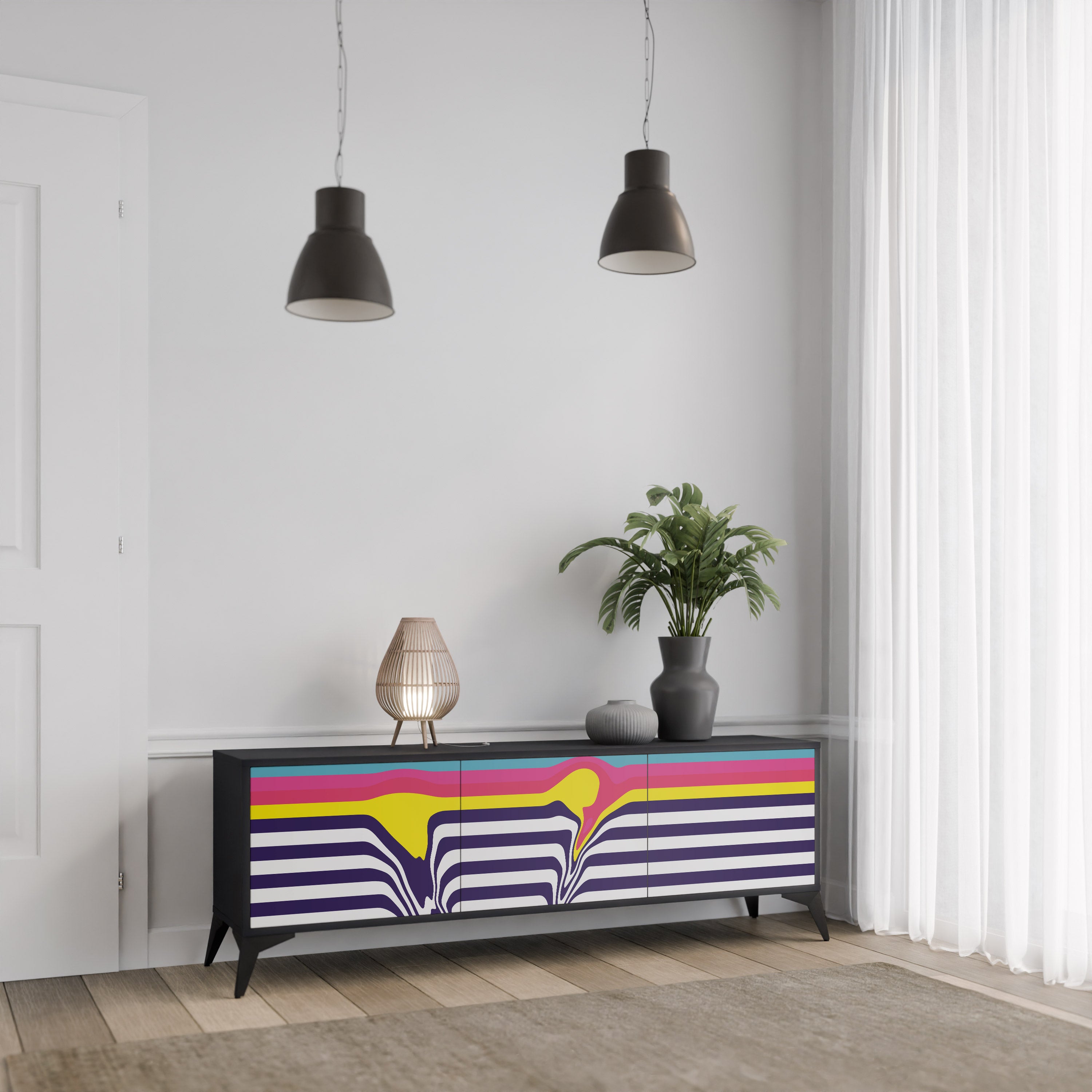 Mueble de TV de 3 puertas COLORFUL DIVERSION con acabado negro