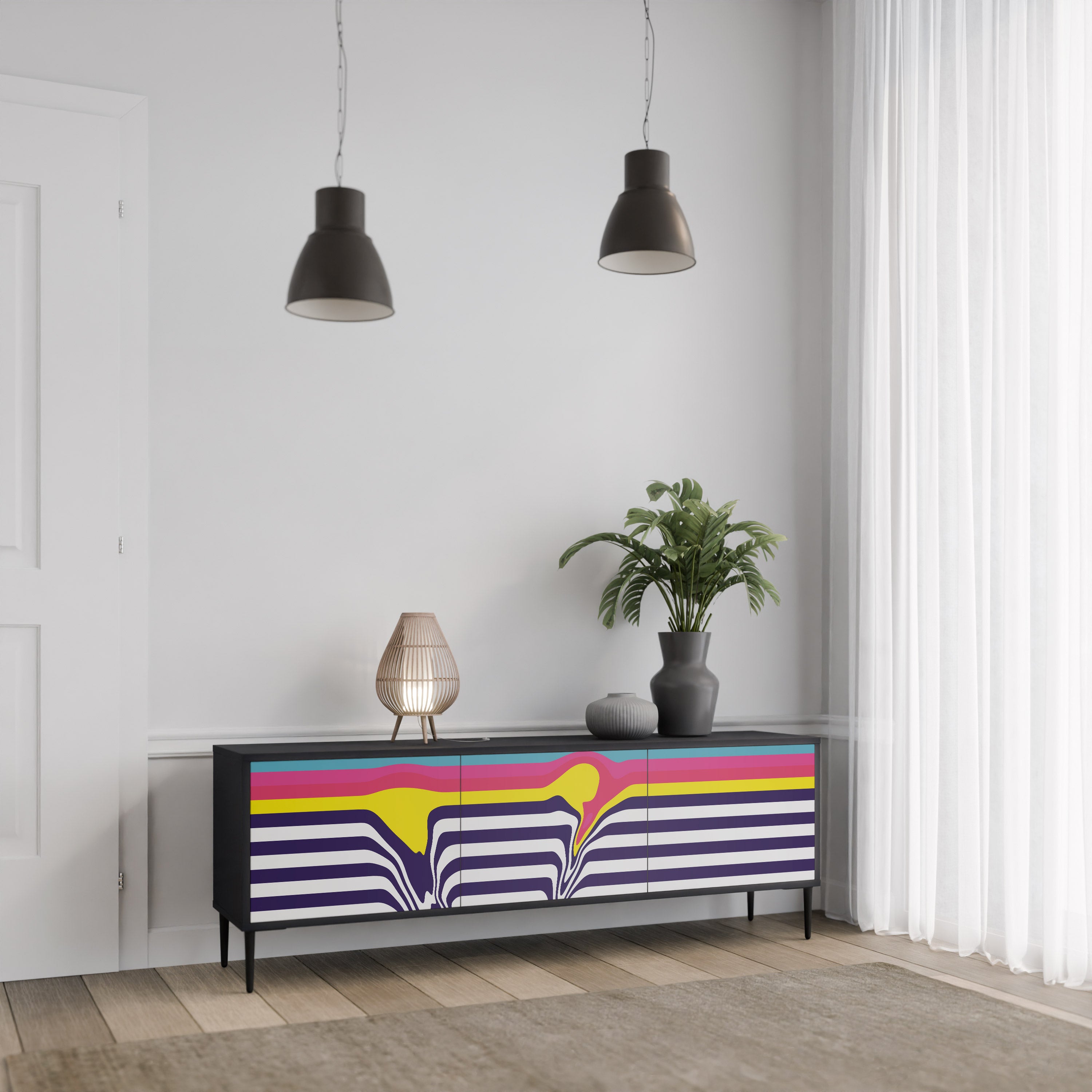 Mueble de TV de 3 puertas COLORFUL DIVERSION con acabado negro