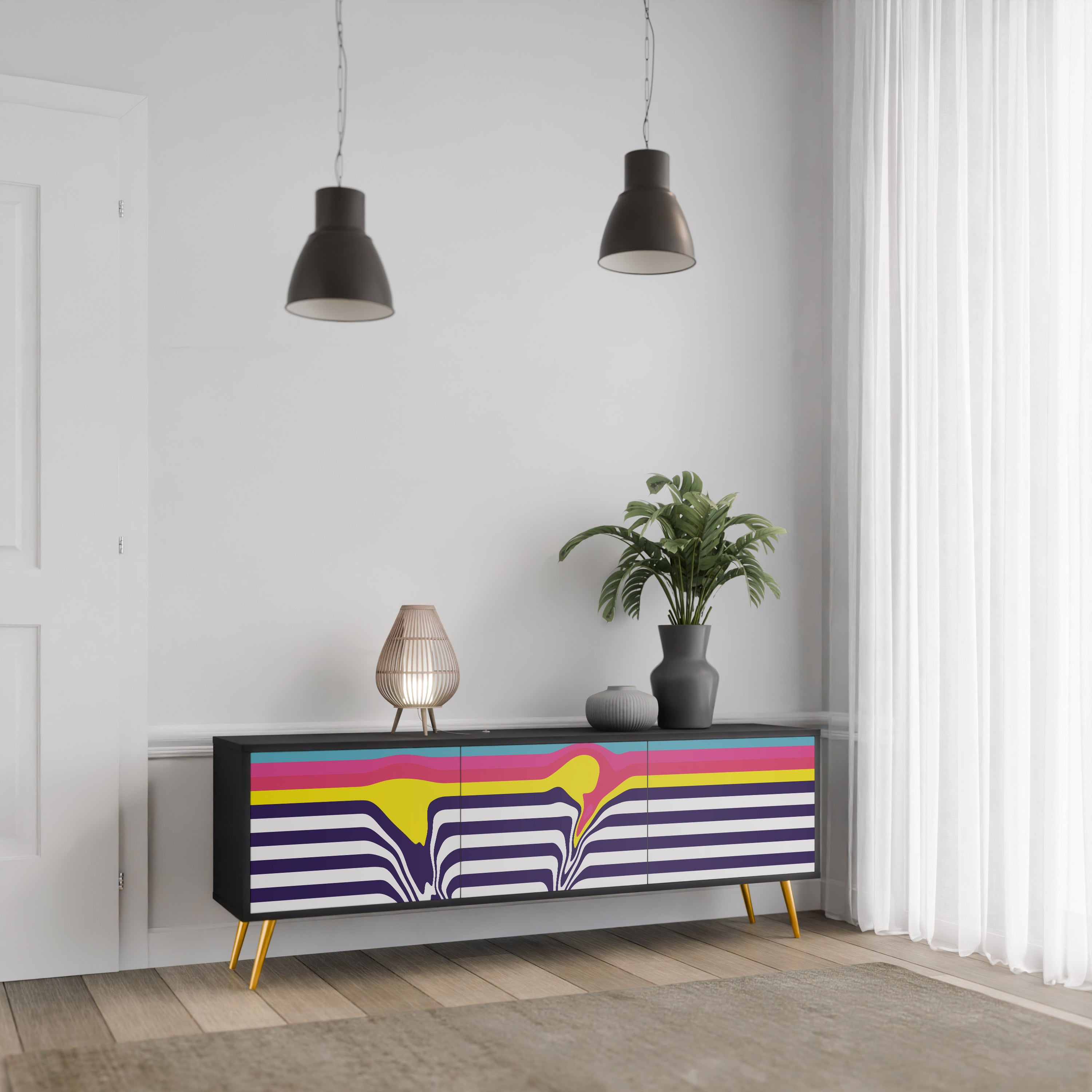 Mueble de TV de 3 puertas COLORFUL DIVERSION con acabado negro