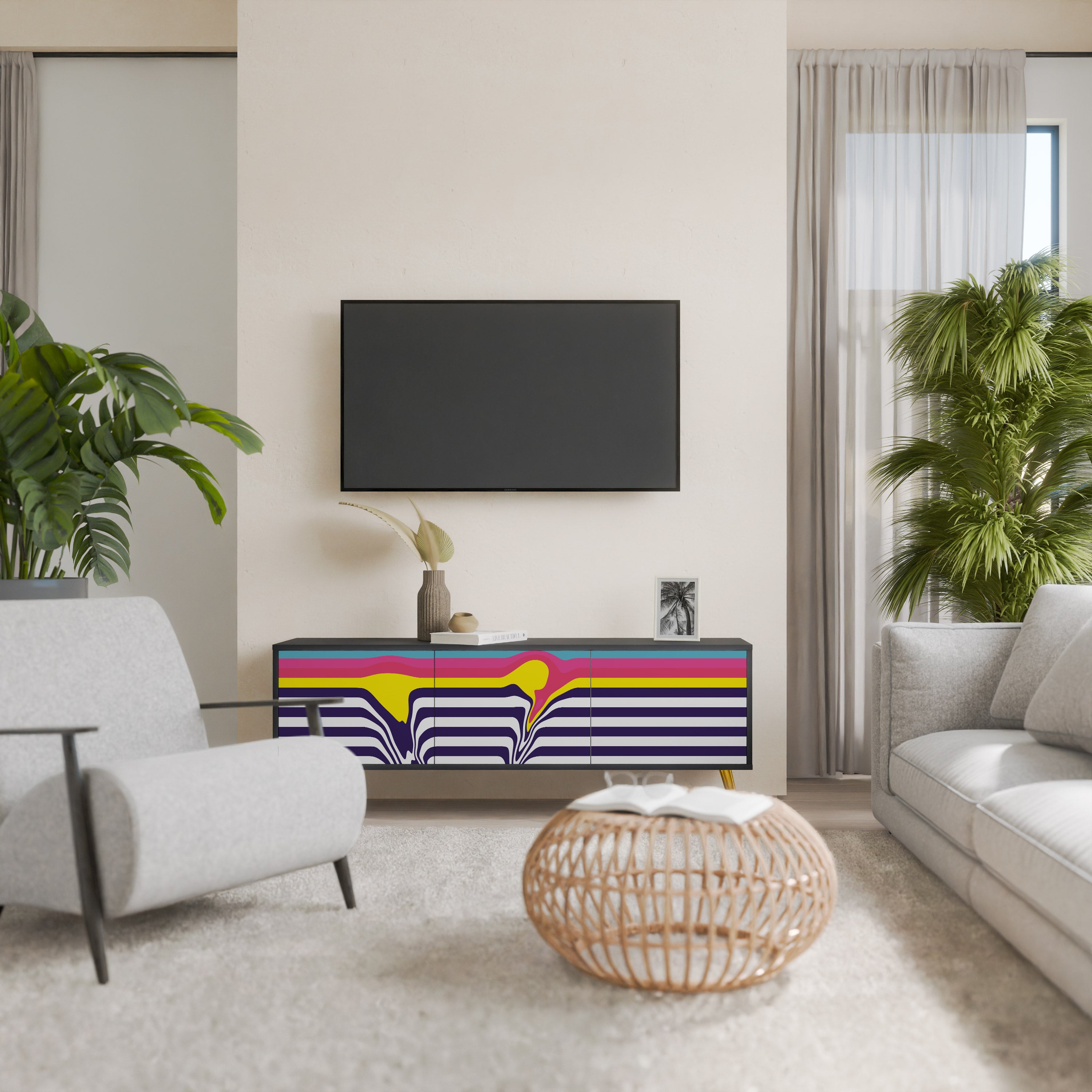 Mueble de TV de 3 puertas COLORFUL DIVERSION con acabado negro