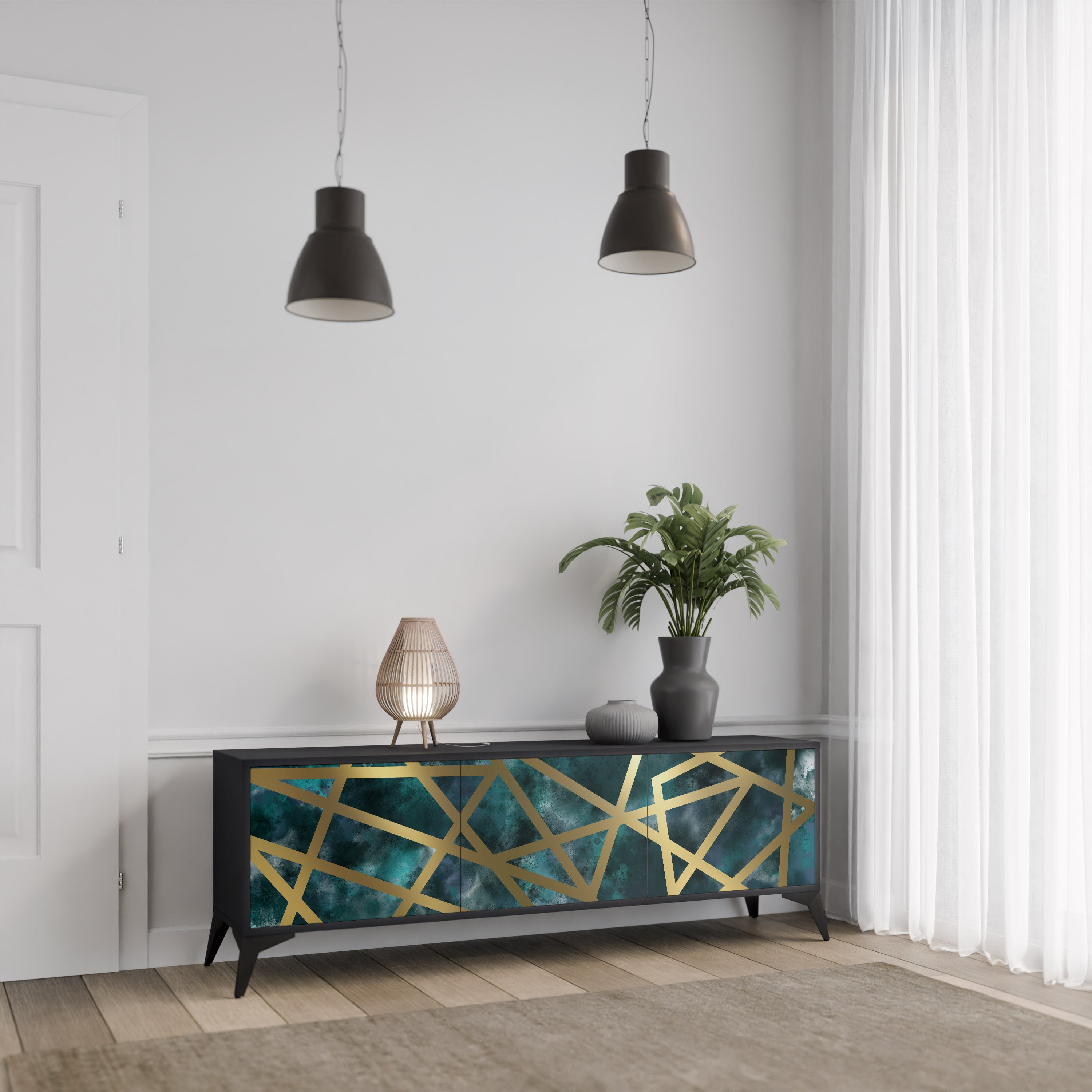 Mueble de TV de 3 puertas EL LABERINTO DE ORO en acabado negro