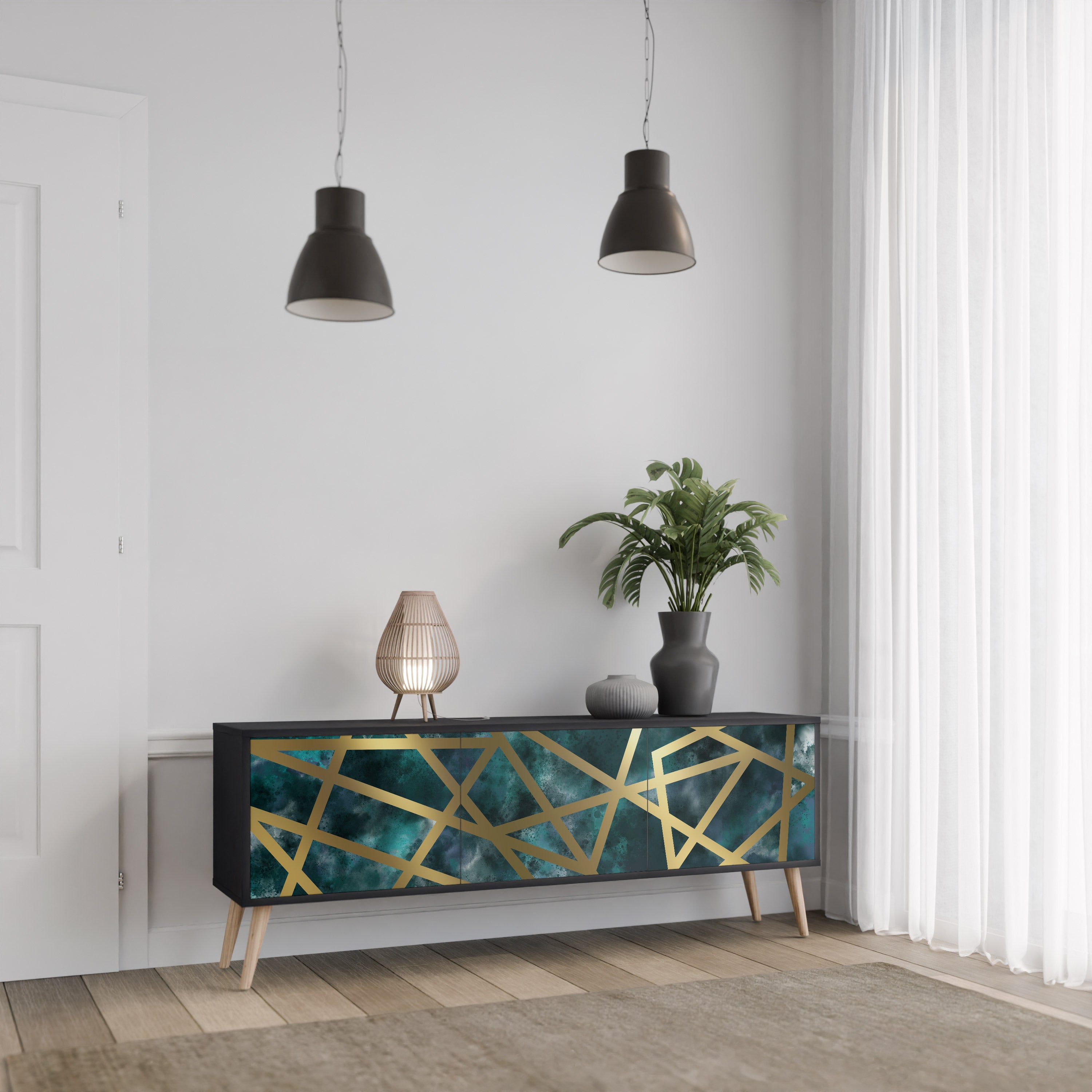 Mueble de TV de 3 puertas EL LABERINTO DE ORO en acabado negro