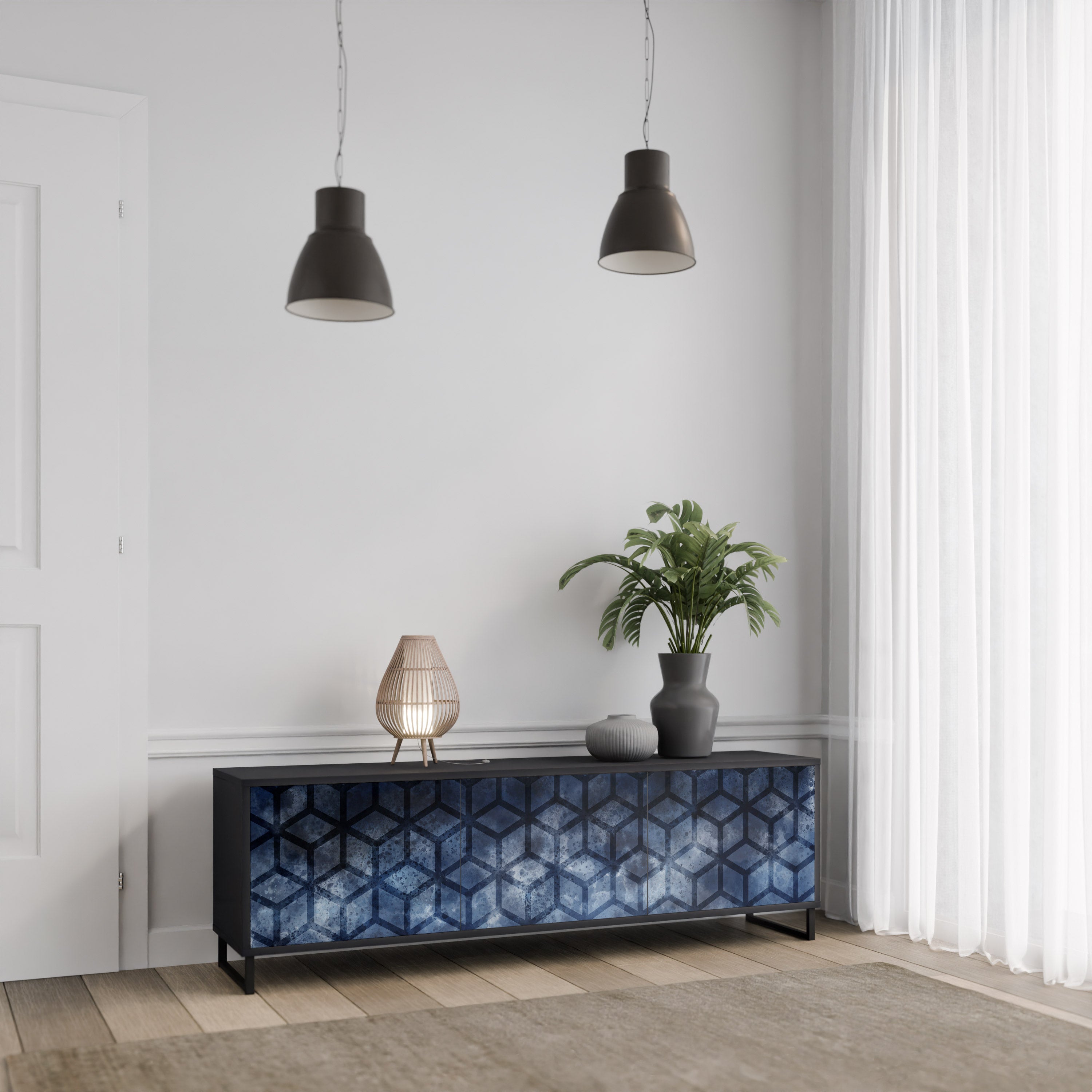 Mueble de TV de 3 puertas CUBIC MIST con acabado negro