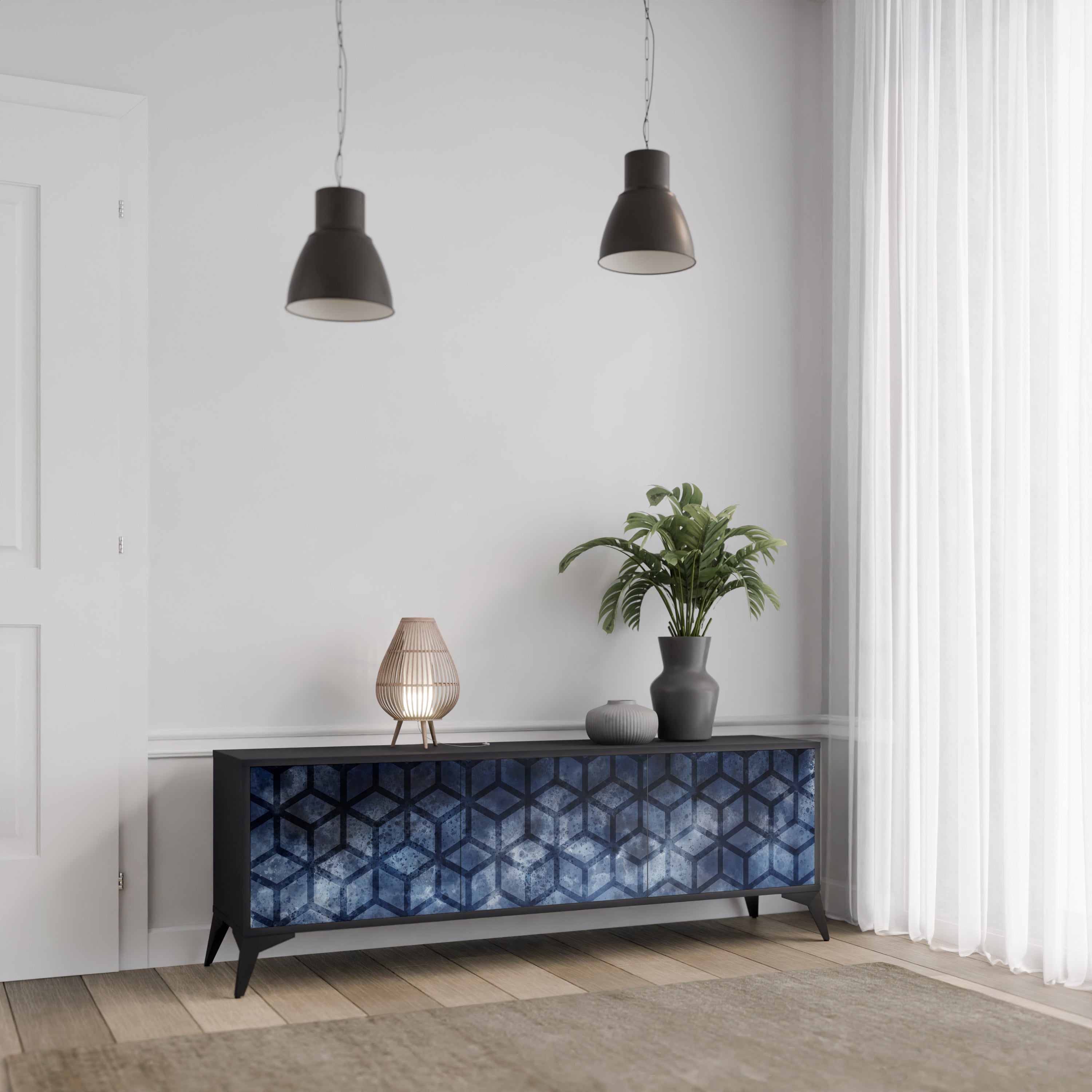 Mueble de TV de 3 puertas CUBIC MIST con acabado negro