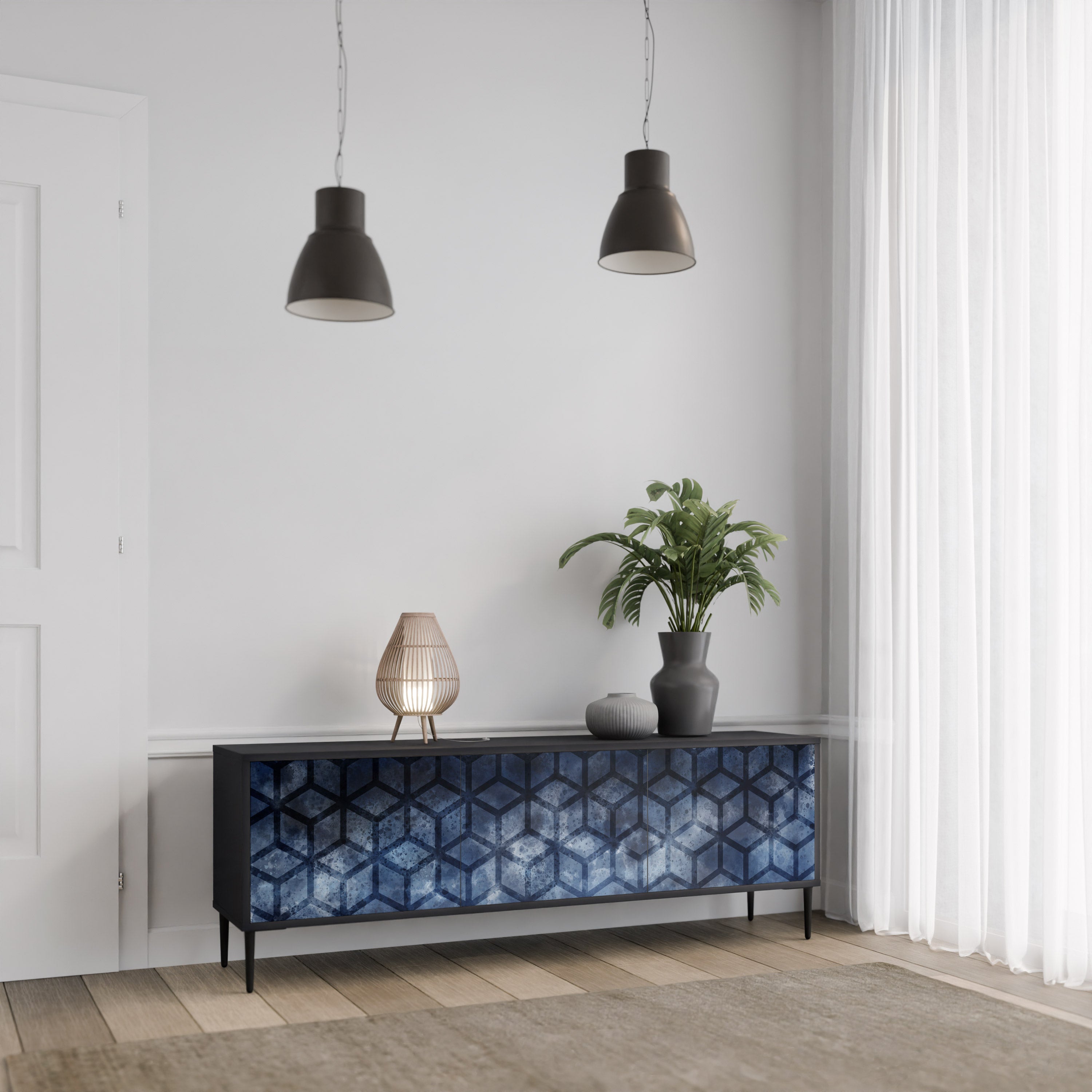 Mueble de TV de 3 puertas CUBIC MIST con acabado negro