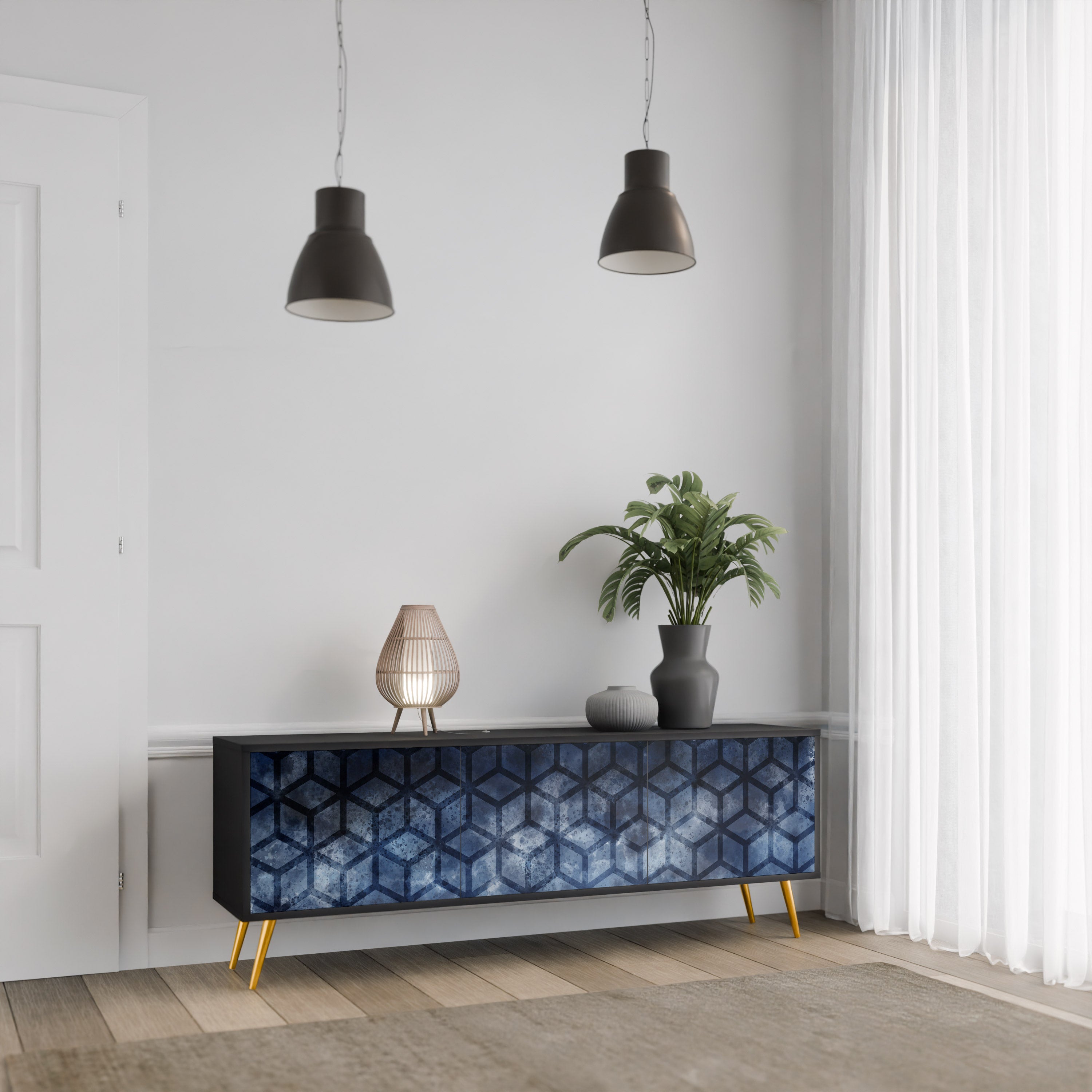 Mueble de TV de 3 puertas CUBIC MIST con acabado negro